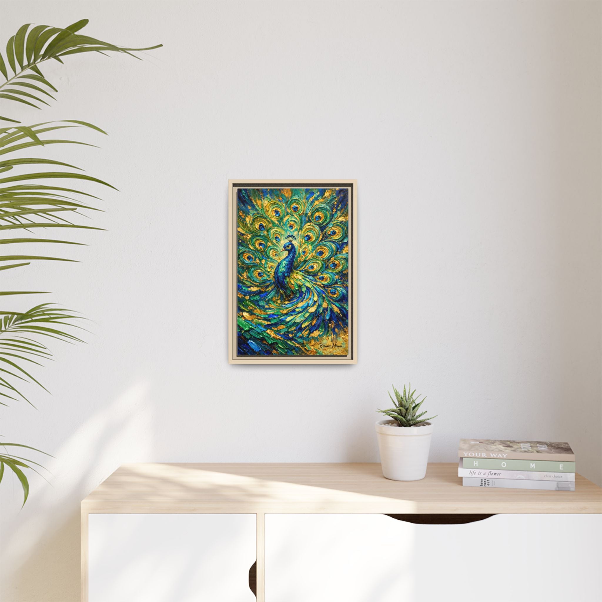 Peacock Oil-Style Framed Canvas Wall Art — Vibrant Blue & Gold Peacock Painting