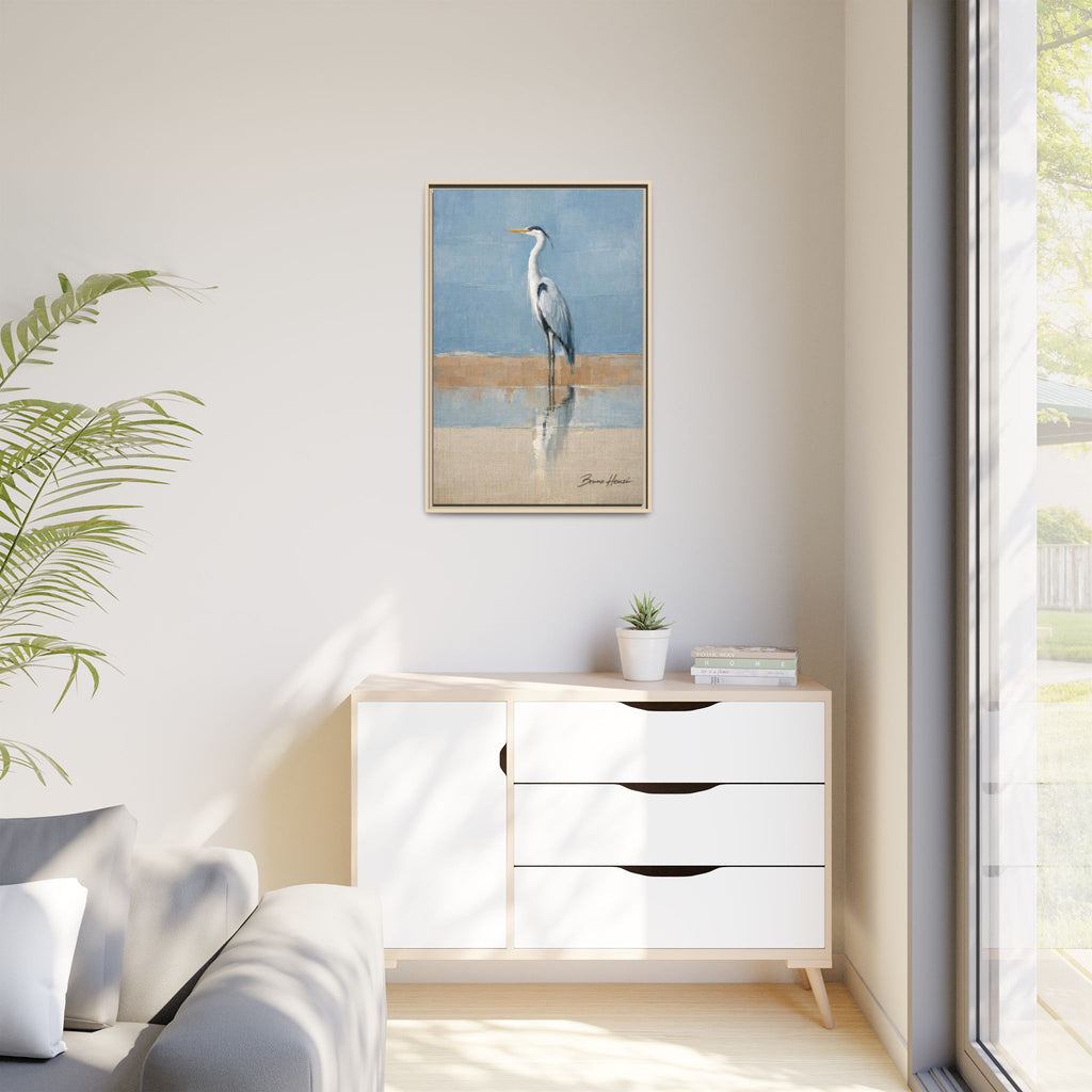 Framed Heron Canvas Art – Coastal Shorebird Wall Decor