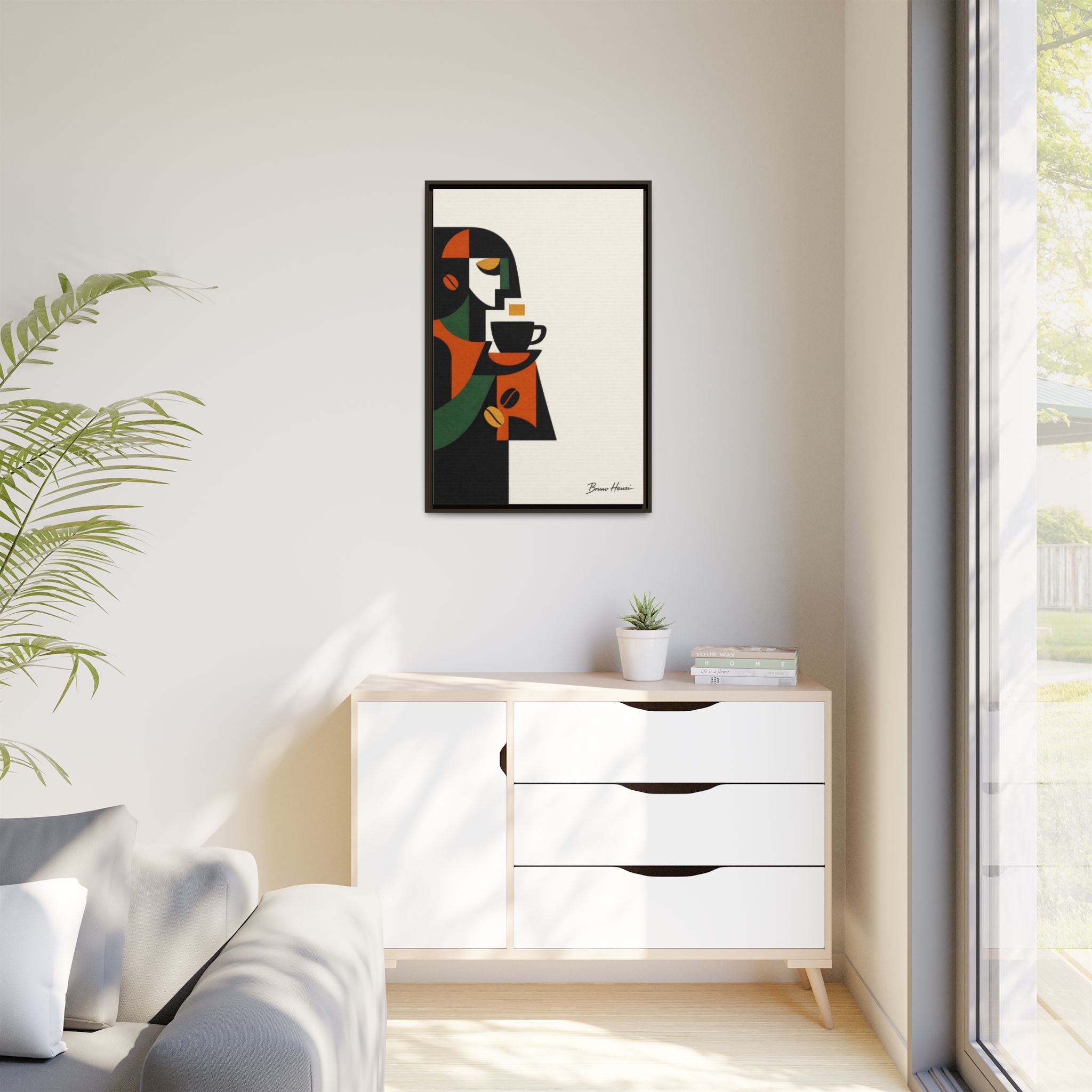 Abstract Coffee Drinker Framed Canvas Print — Modern Café Wall Art