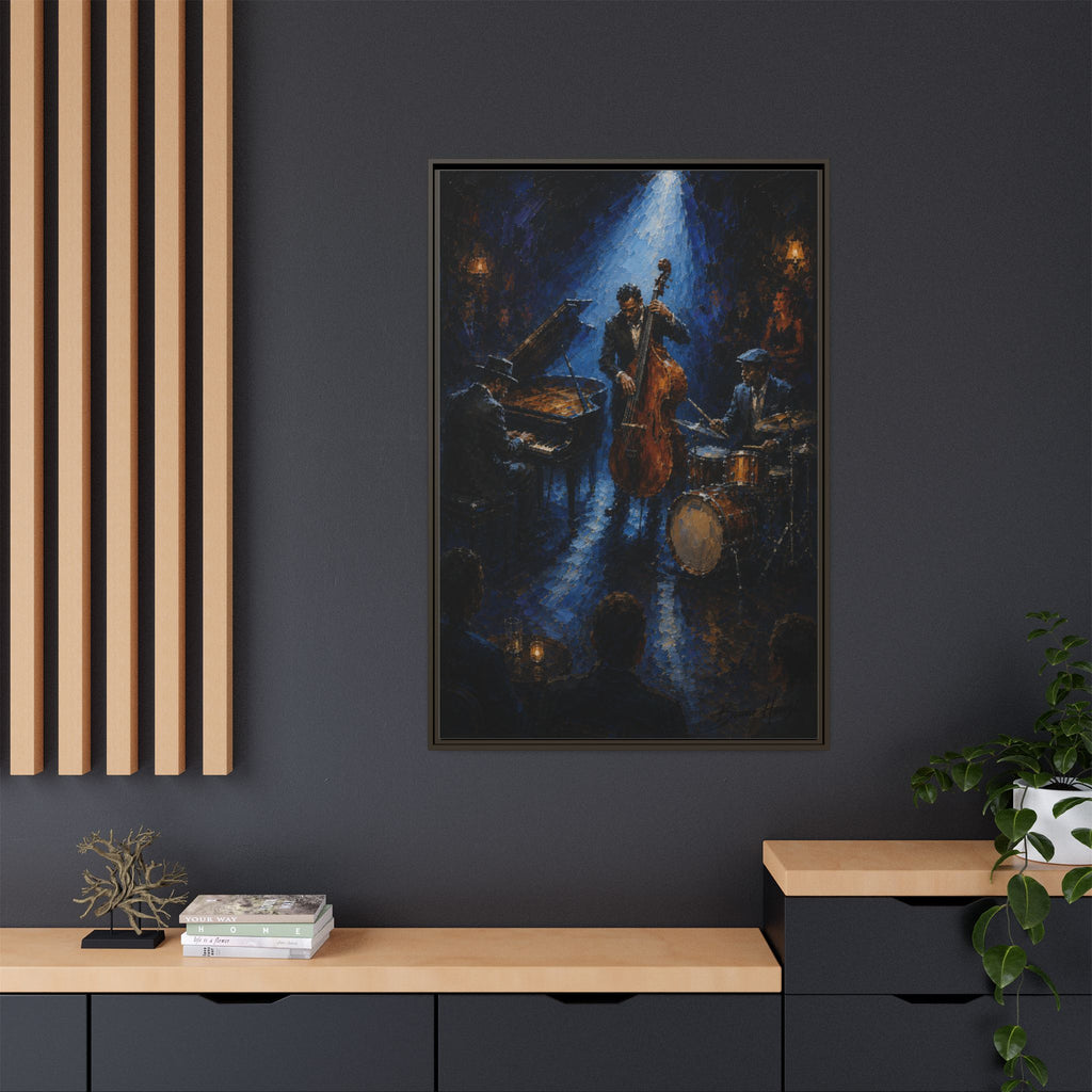 Framed Jazz Quartet Canvas Wall Art – Moody Blue Music Scene