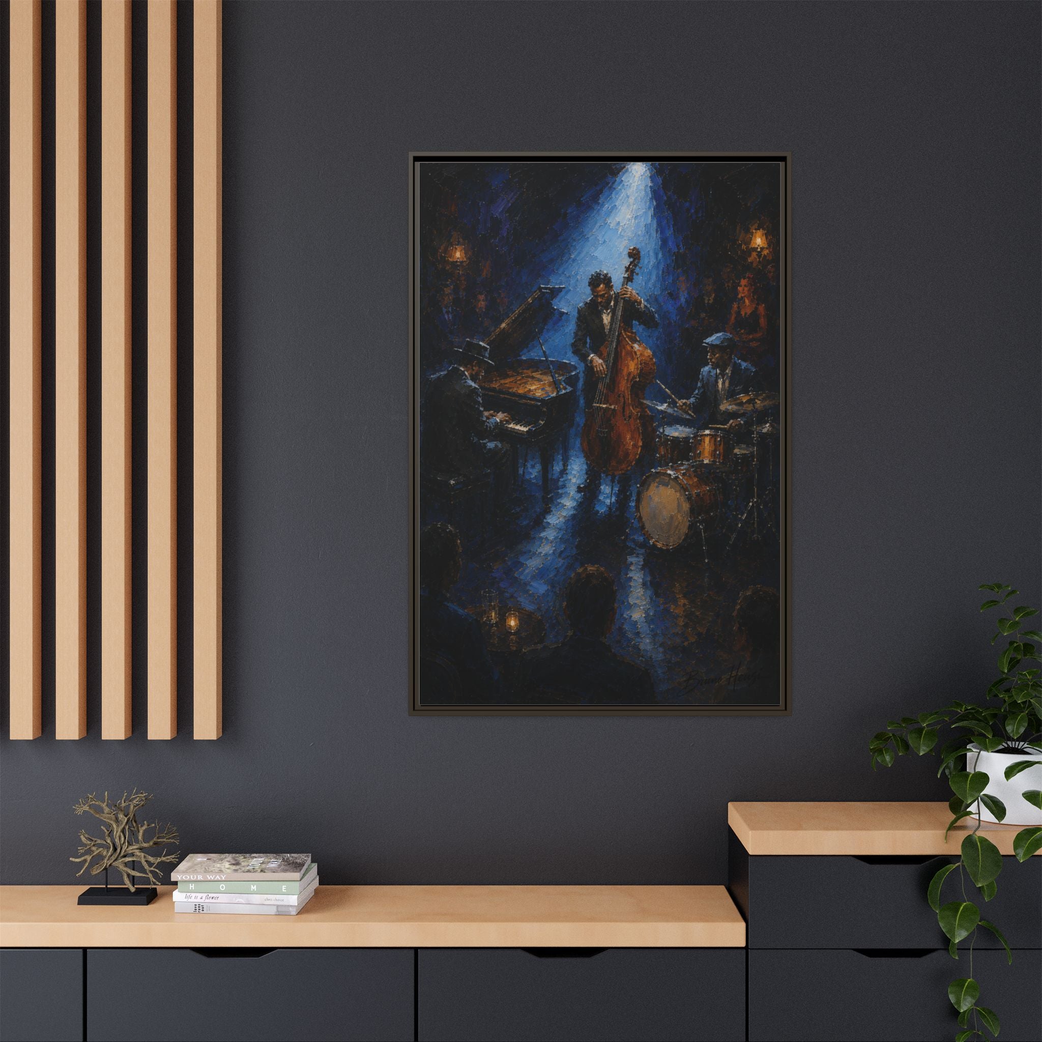 Framed Jazz Quartet Canvas Wall Art – Moody Blue Music Scene