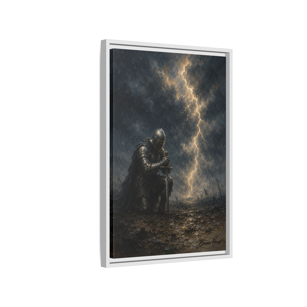 Knight in Thunderstorm Matte Framed Canvas — Dark Fantasy Wall Art
