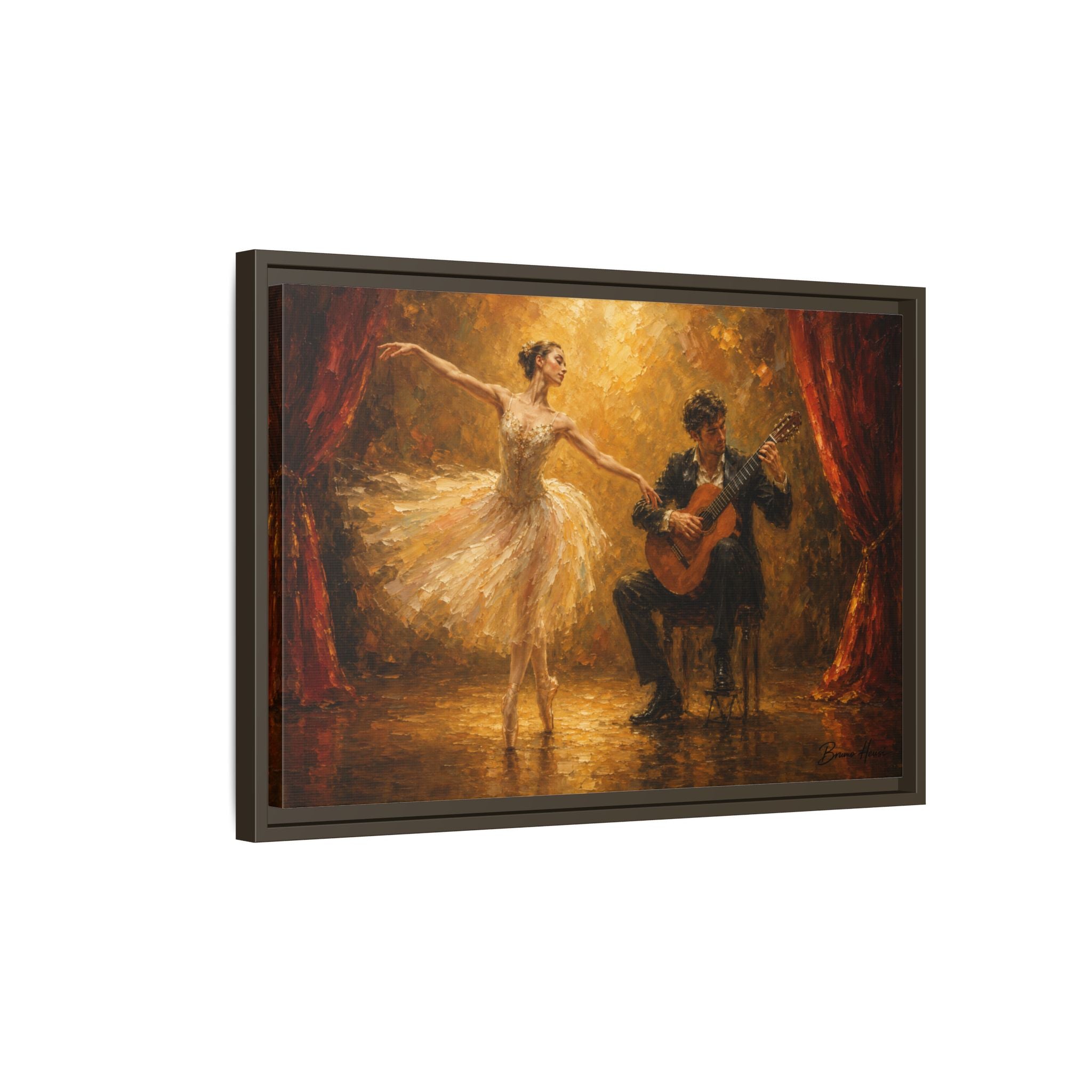 Ballet Dancer & Guitarist Framed Canvas Wall Art — Oil-Style Performance Print