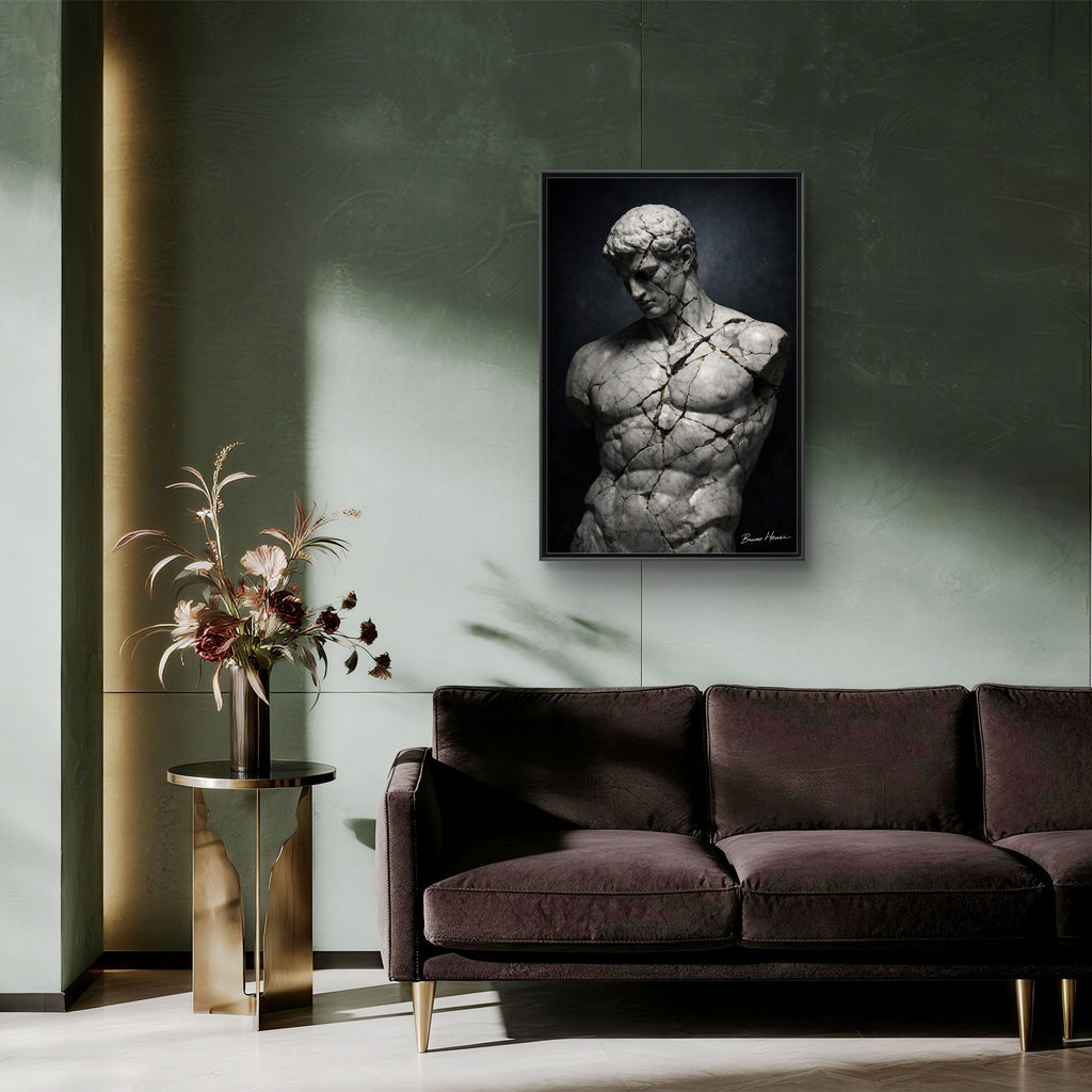 Cracked Marble Bust Framed Canvas Wall Art — Classical Sculpture Print