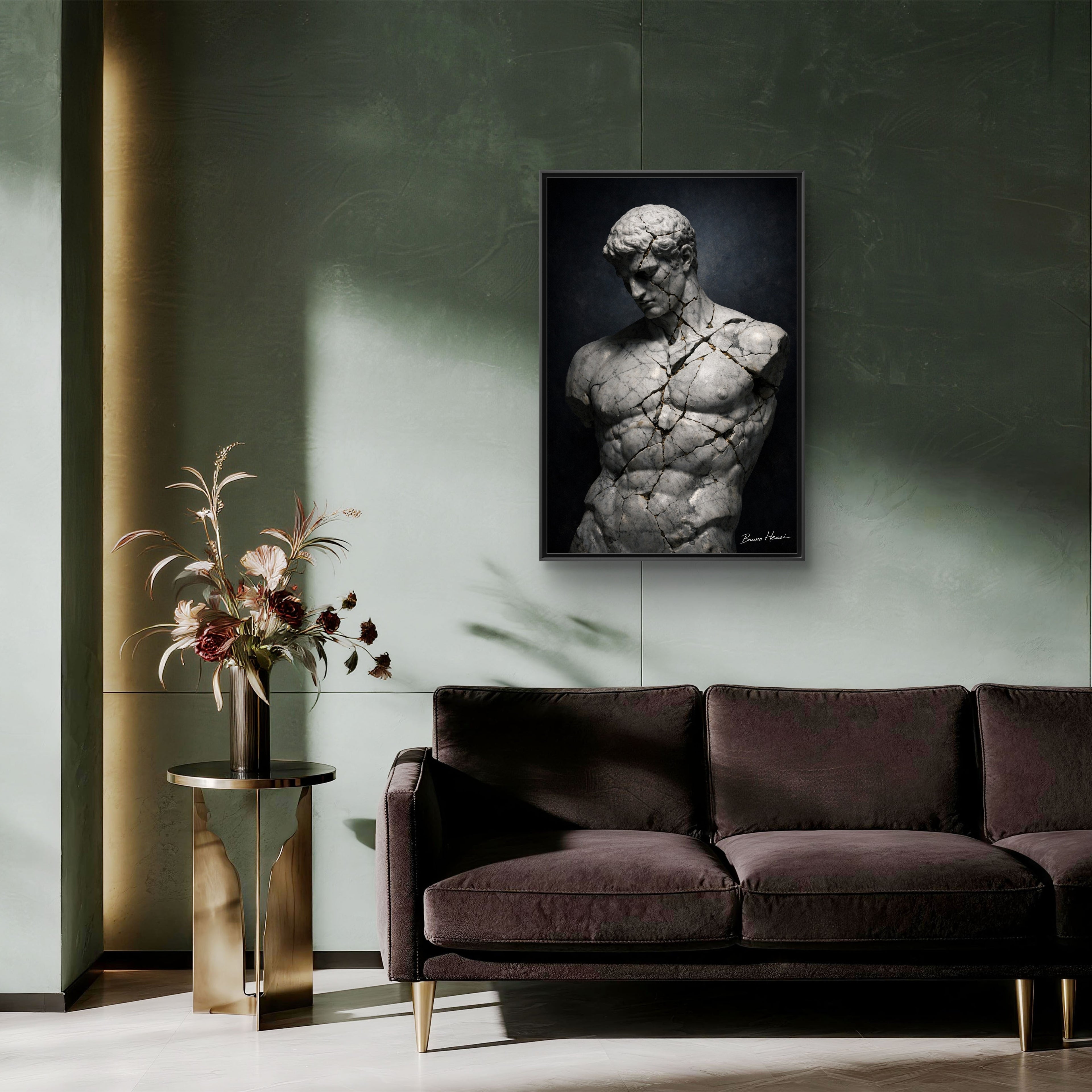 Cracked Marble Bust Framed Canvas Wall Art — Classical Sculpture Print