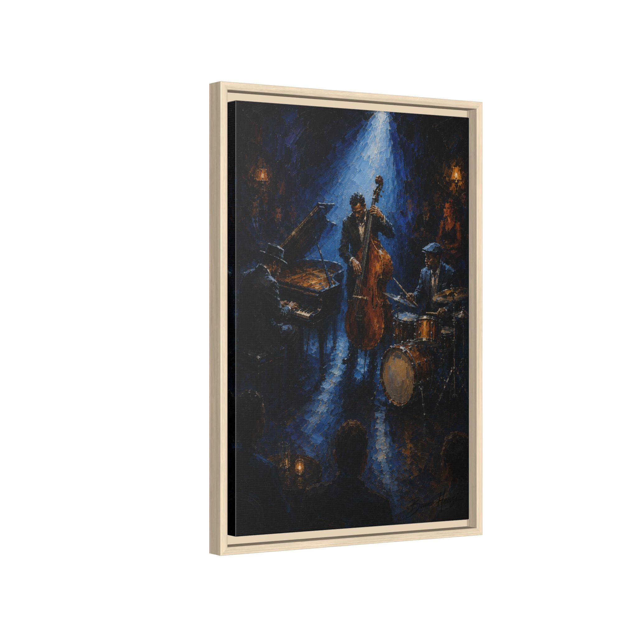 Framed Jazz Quartet Canvas Wall Art – Moody Blue Music Scene
