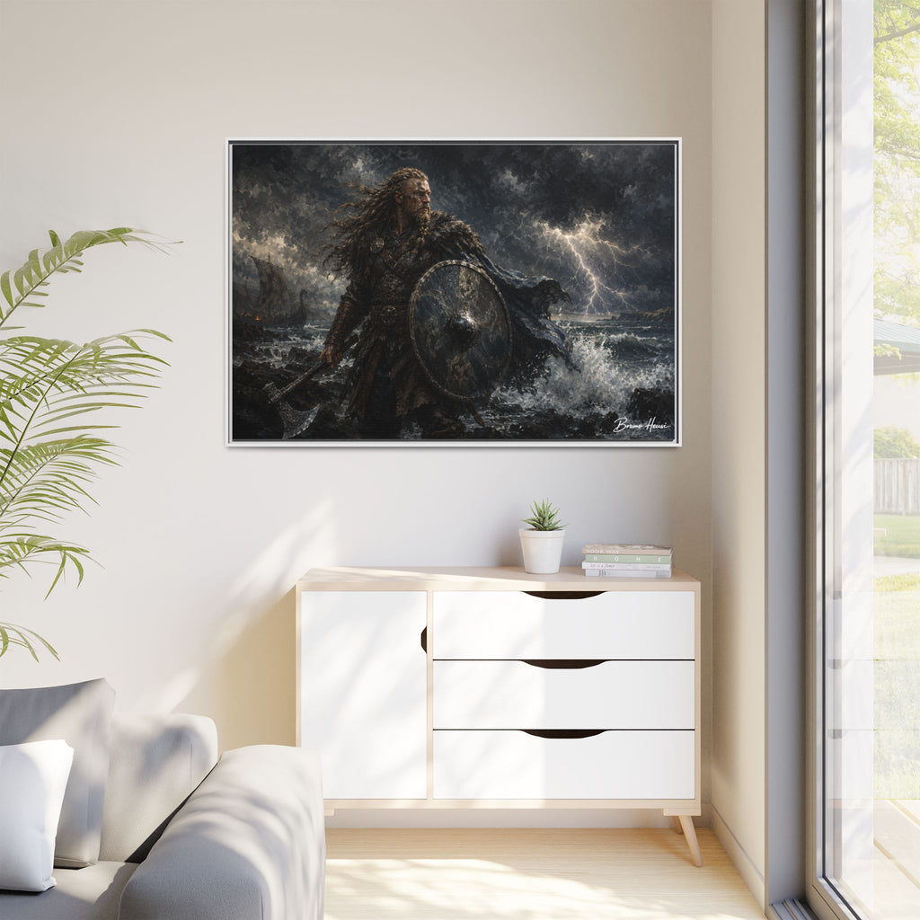 Viking Warrior Matte Framed Canvas Print — Stormy Norse Shield and Axe Wall Art