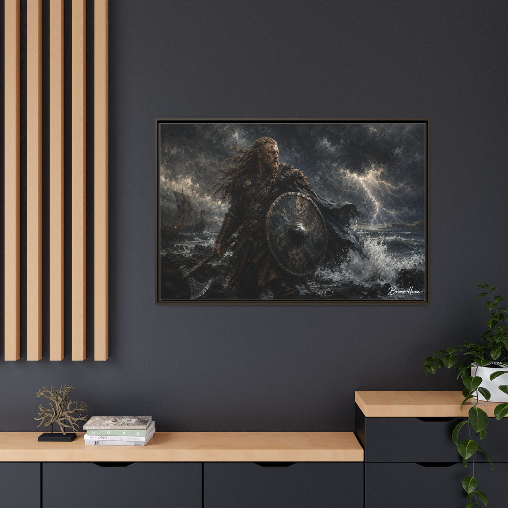 Viking Warrior Matte Framed Canvas Print — Stormy Norse Shield and Axe Wall Art