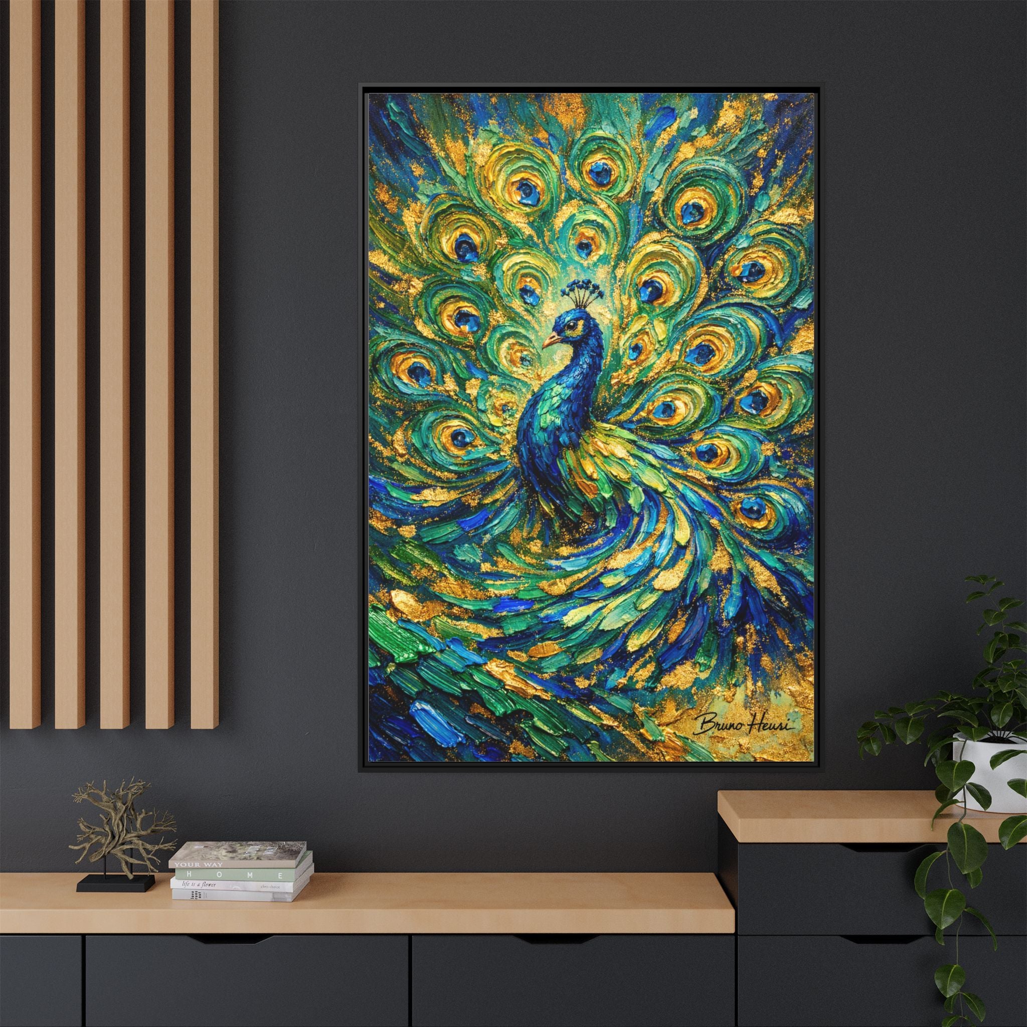 Peacock Oil-Style Framed Canvas Wall Art — Vibrant Blue & Gold Peacock Painting