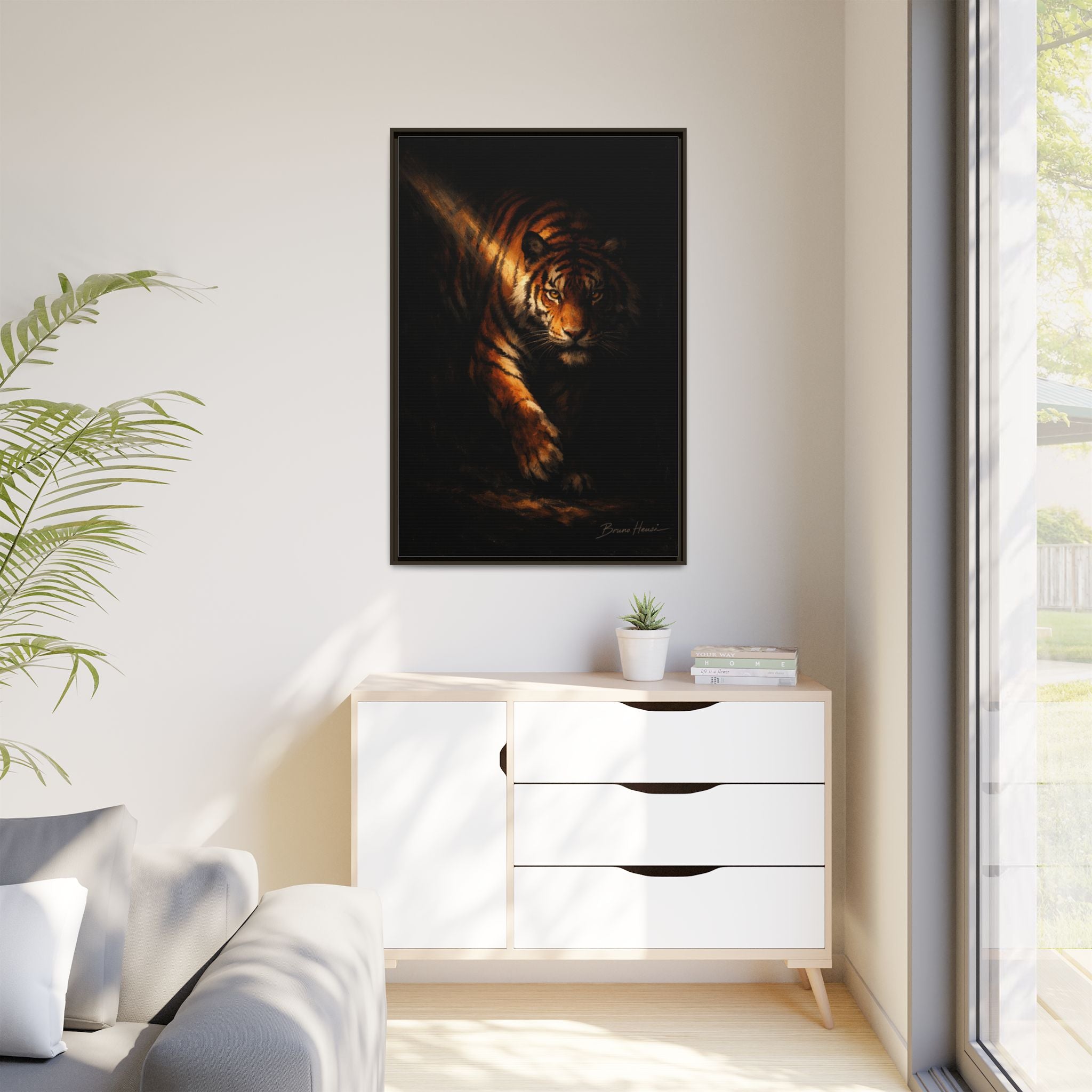 Tiger in the Shadows Matte Framed Canvas Print — Dramatic Wildlife Wall Art