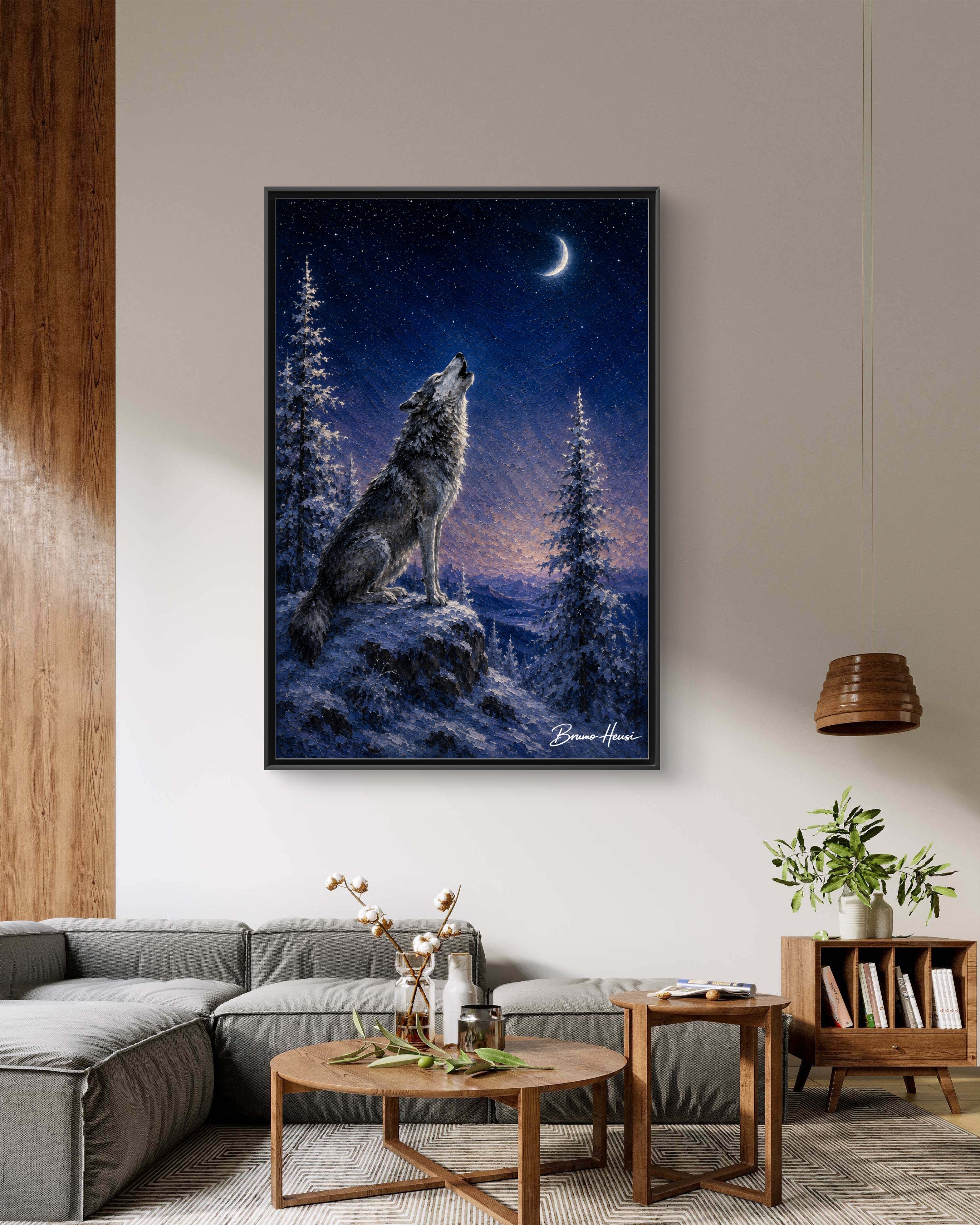 Howling Wolf Moon Framed Canvas Art - Matte Multi-Color Wilderness Print