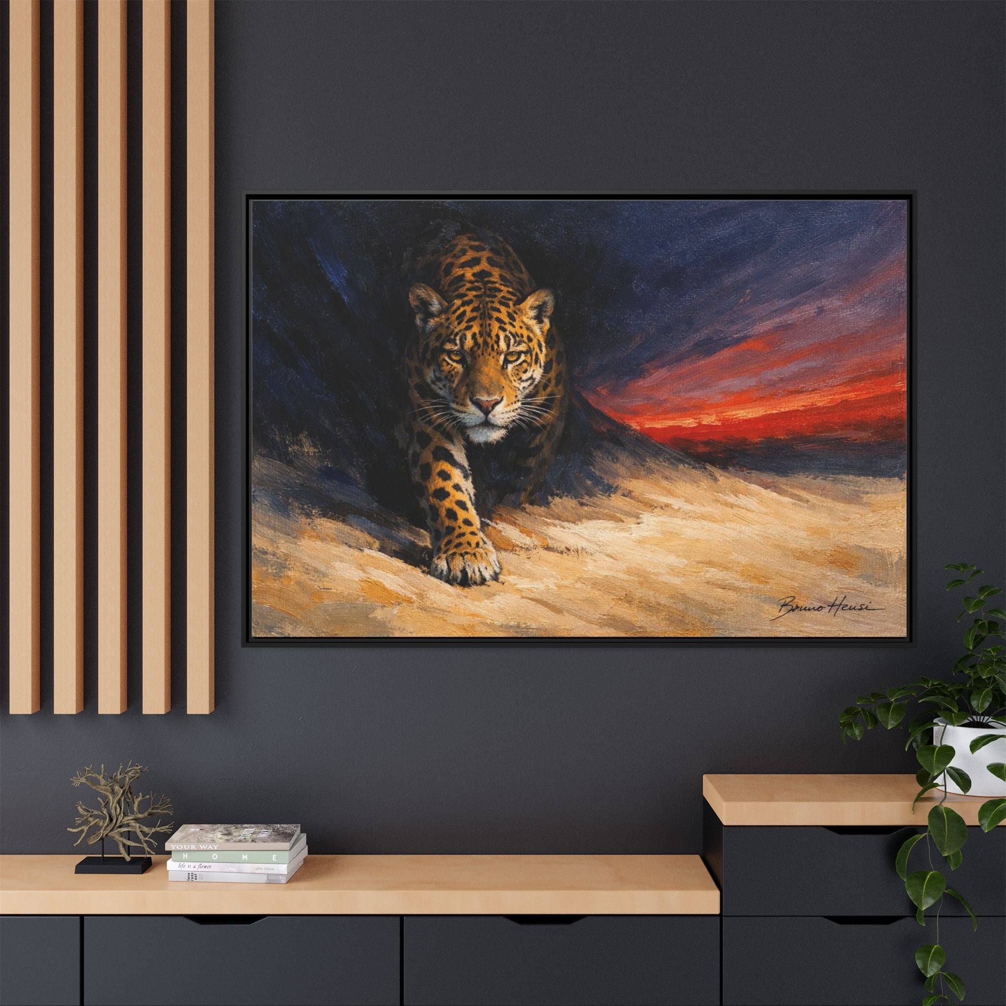 Framed Jaguar Canvas Art – Majestic Big Cat Painting with Sunset Sky