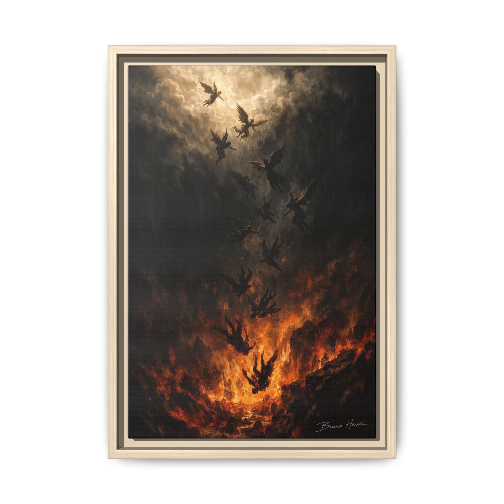 Falling Angels Matte Framed Canvas Print — Dark Fantasy Wall Art