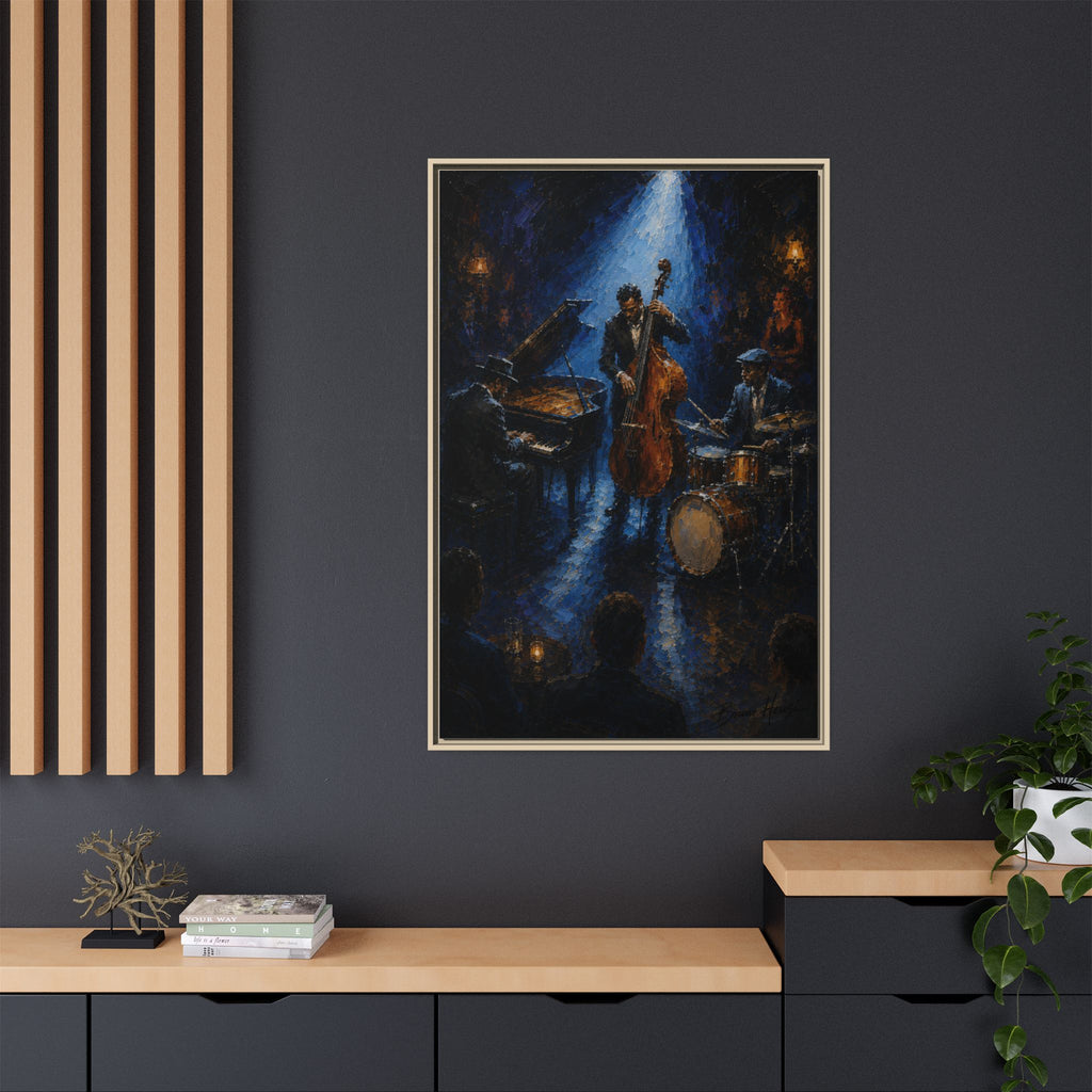 Framed Jazz Quartet Canvas Wall Art – Moody Blue Music Scene