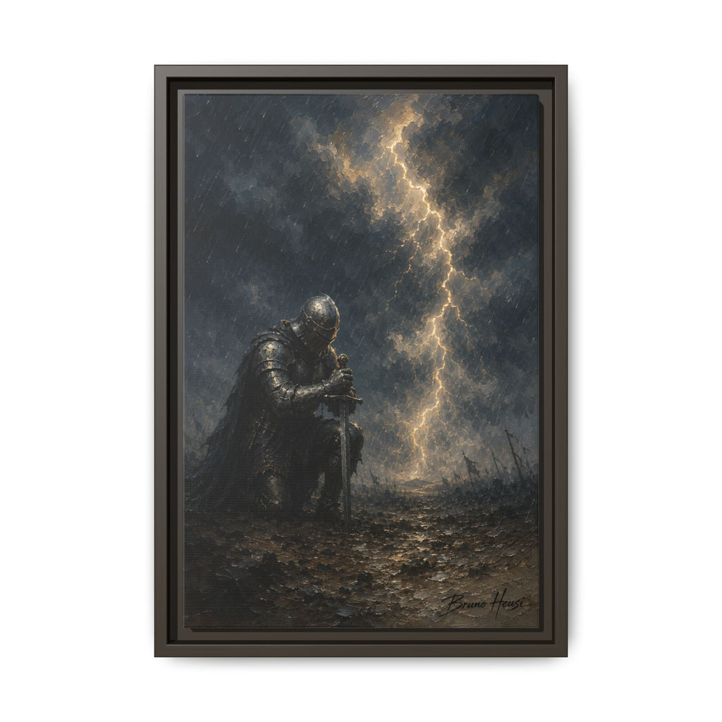 Knight in Thunderstorm Matte Framed Canvas — Dark Fantasy Wall Art