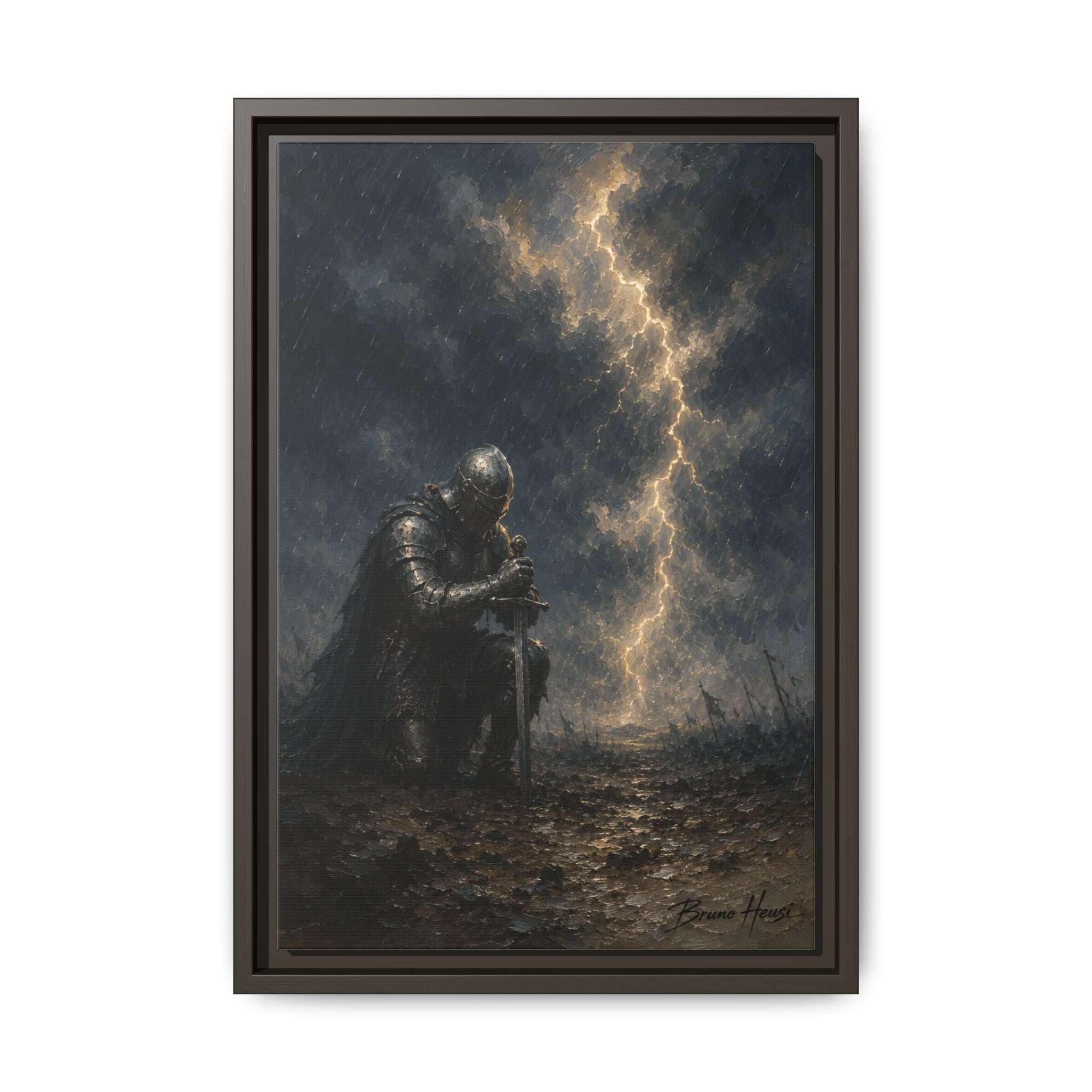 Knight in Thunderstorm Matte Framed Canvas — Dark Fantasy Wall Art