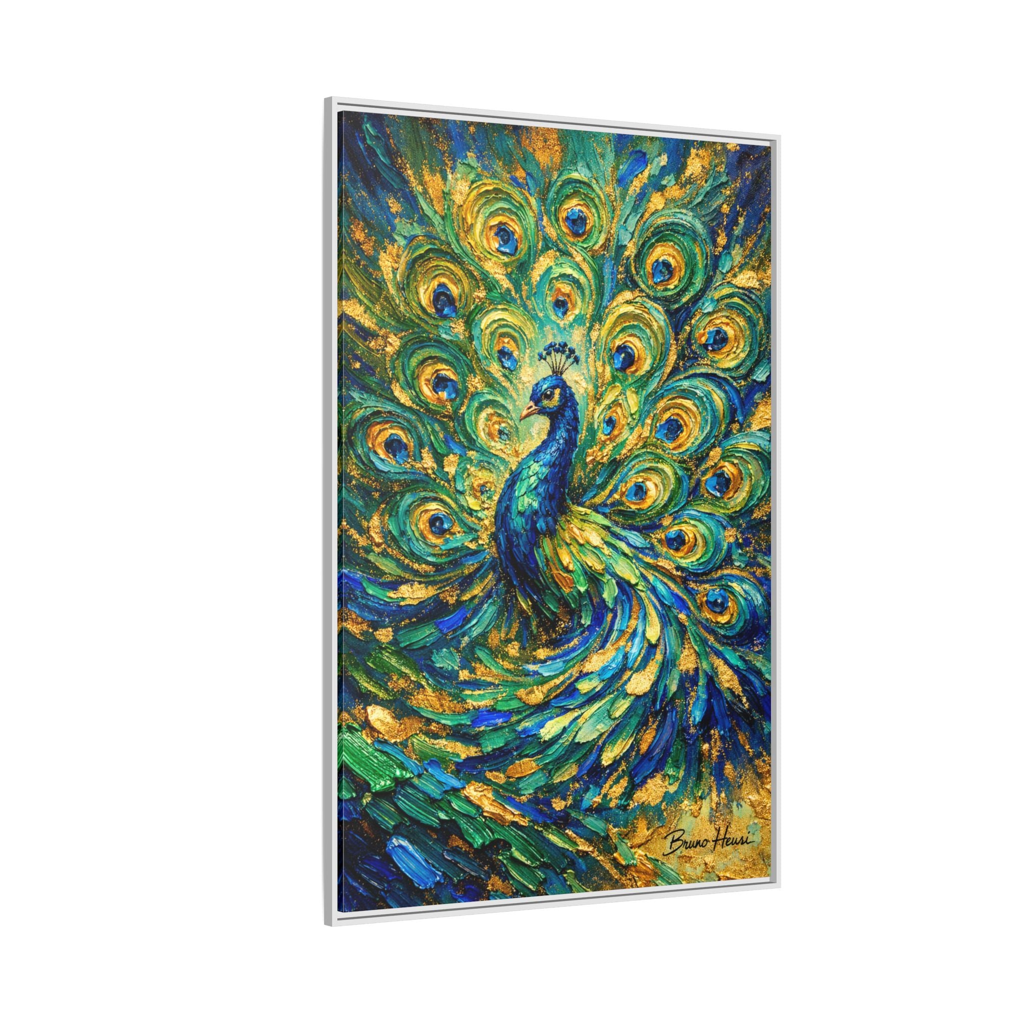 Peacock Oil-Style Framed Canvas Wall Art — Vibrant Blue & Gold Peacock Painting