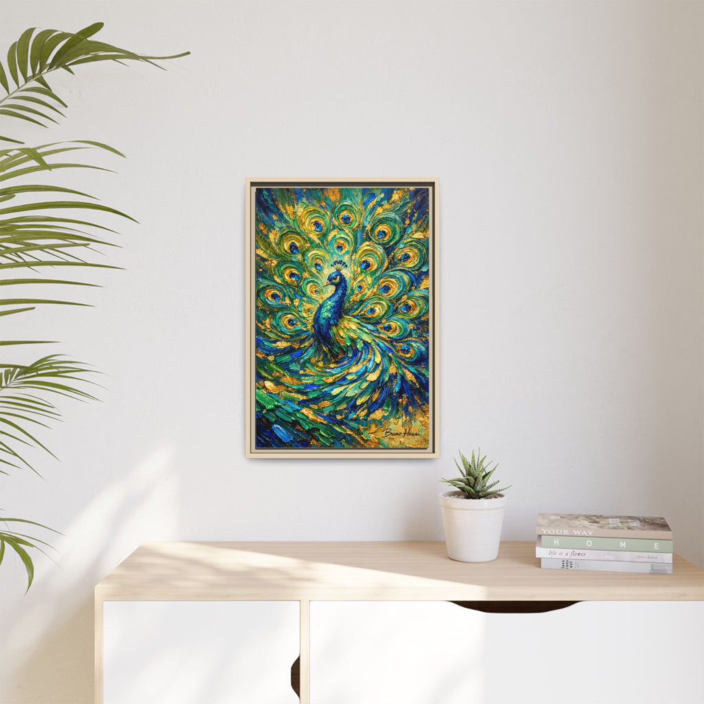 Peacock Oil-Style Framed Canvas Wall Art — Vibrant Blue & Gold Peacock Painting