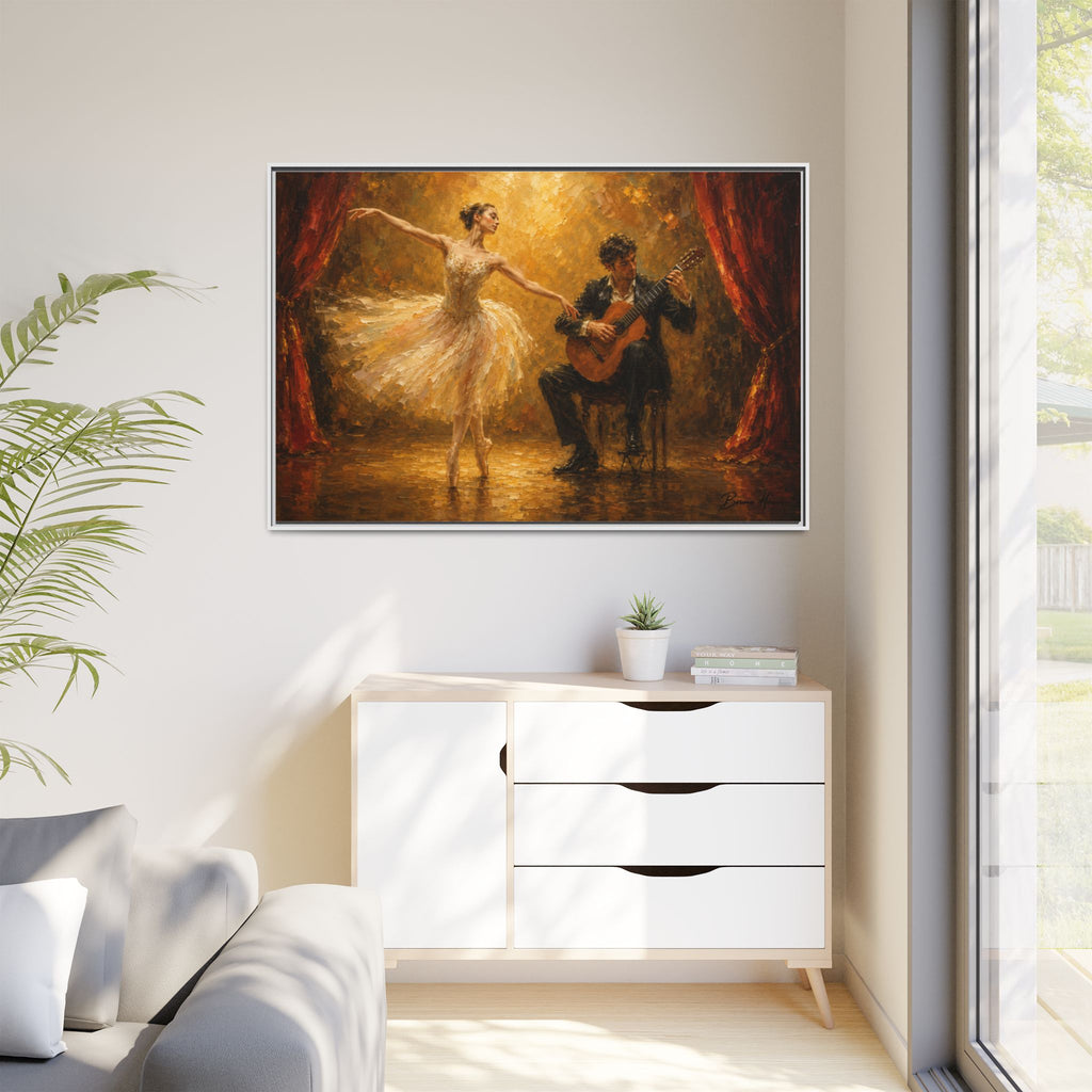 Ballet Dancer & Guitarist Framed Canvas Wall Art — Oil-Style Performance Print