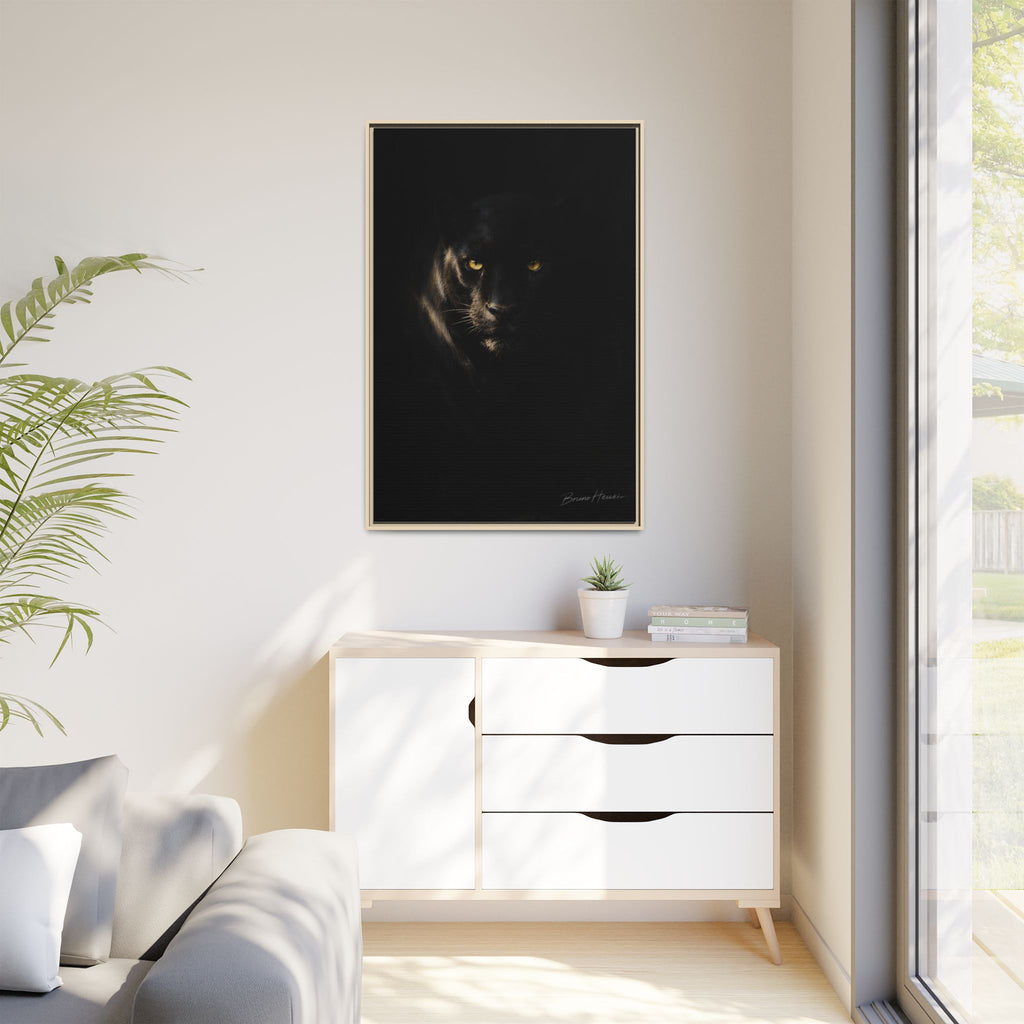 Framed Matte Canvas - Black Panther Wall Art with Golden Eyes