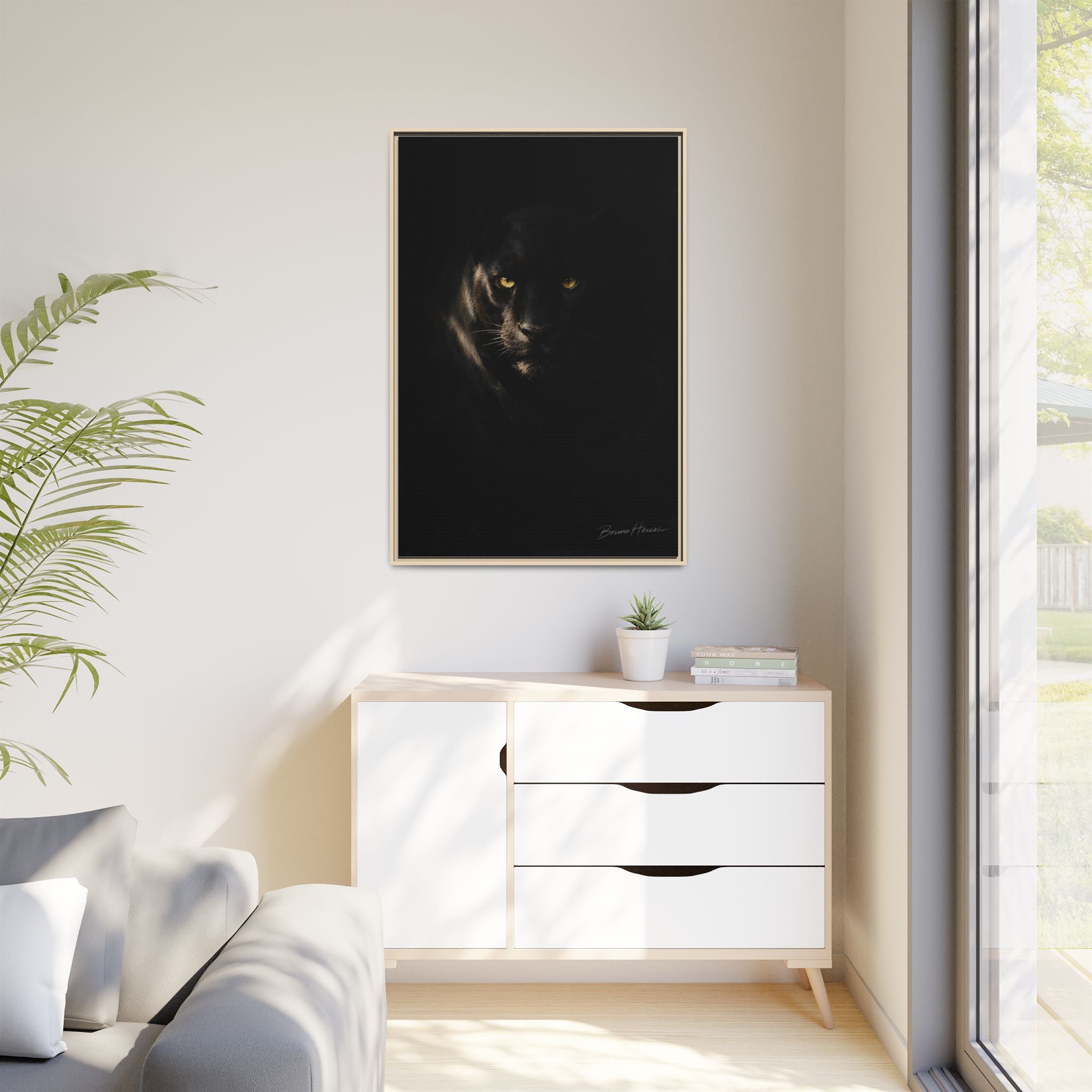 Framed Matte Canvas - Black Panther Wall Art with Golden Eyes