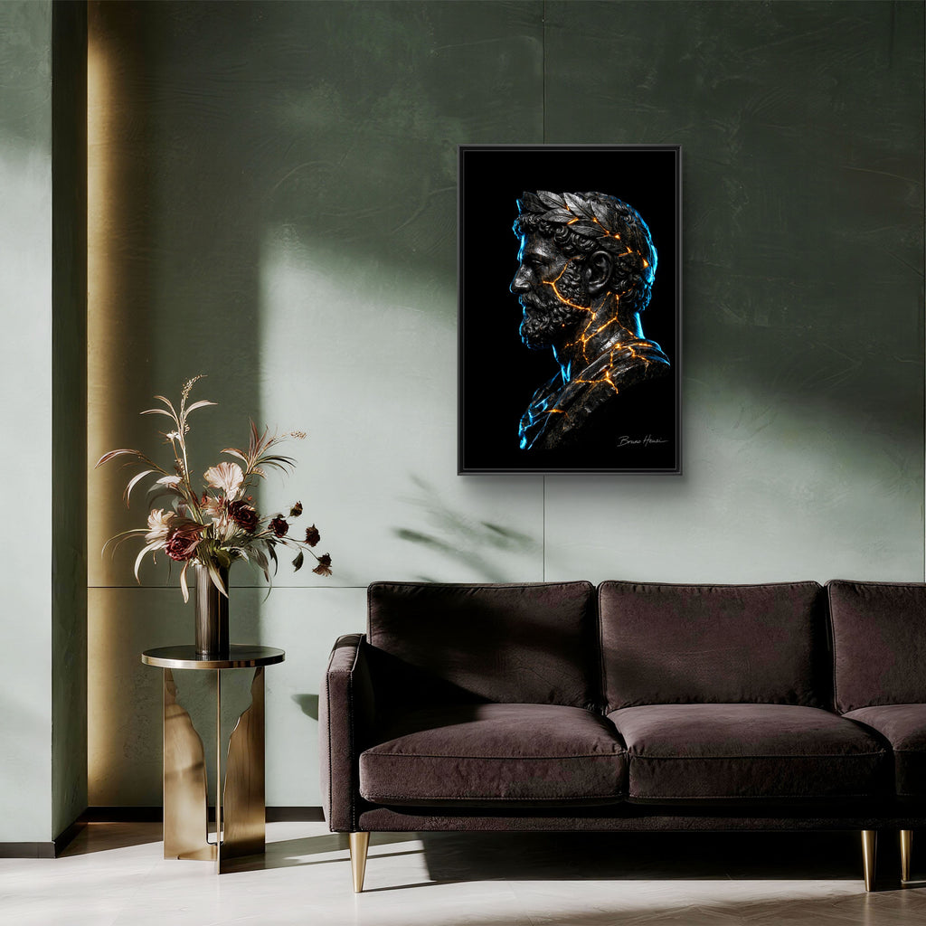 Roman Emperor Neon Bust Framed Canvas Wall Art — Modern Sculpture Print