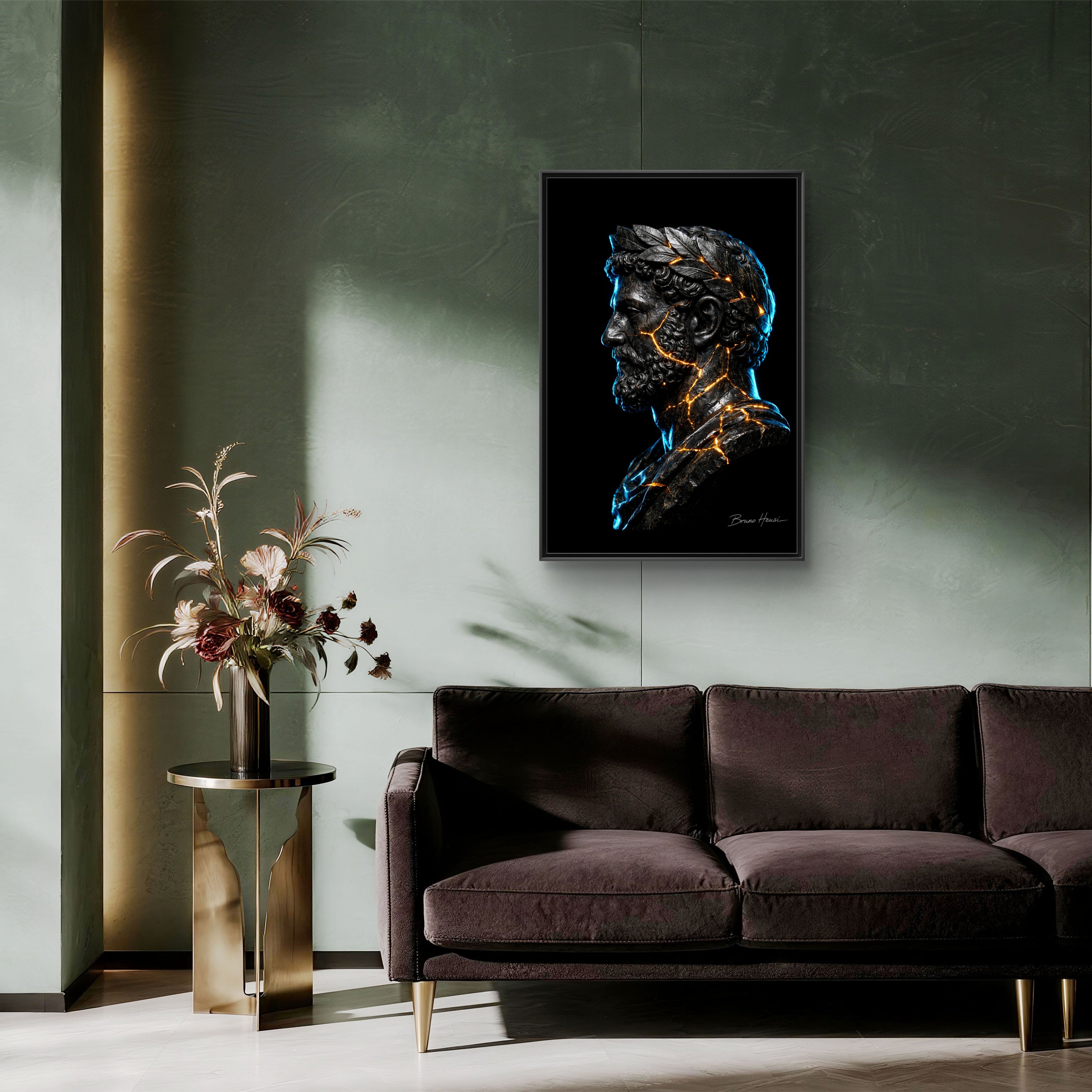Roman Emperor Neon Bust Framed Canvas Wall Art — Modern Sculpture Print