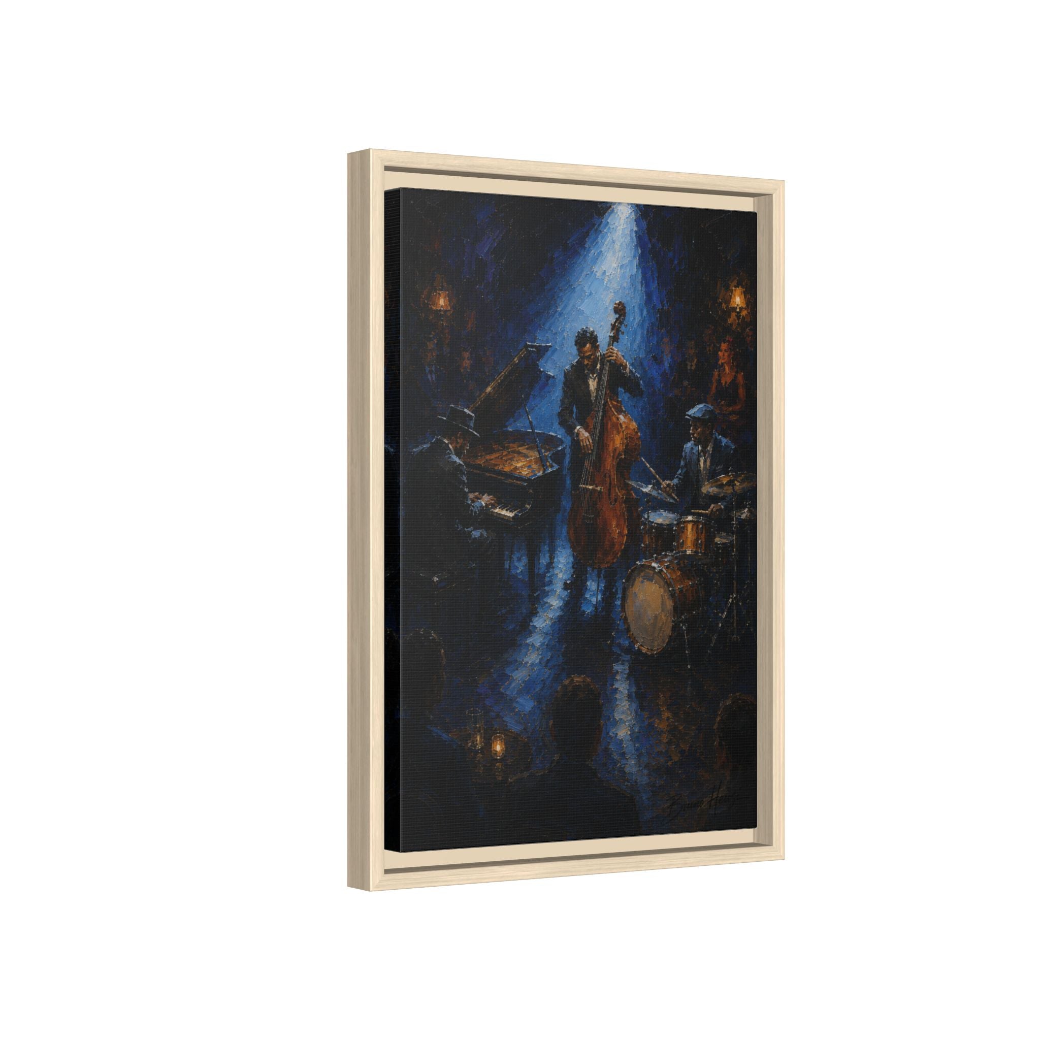 Framed Jazz Quartet Canvas Wall Art – Moody Blue Music Scene