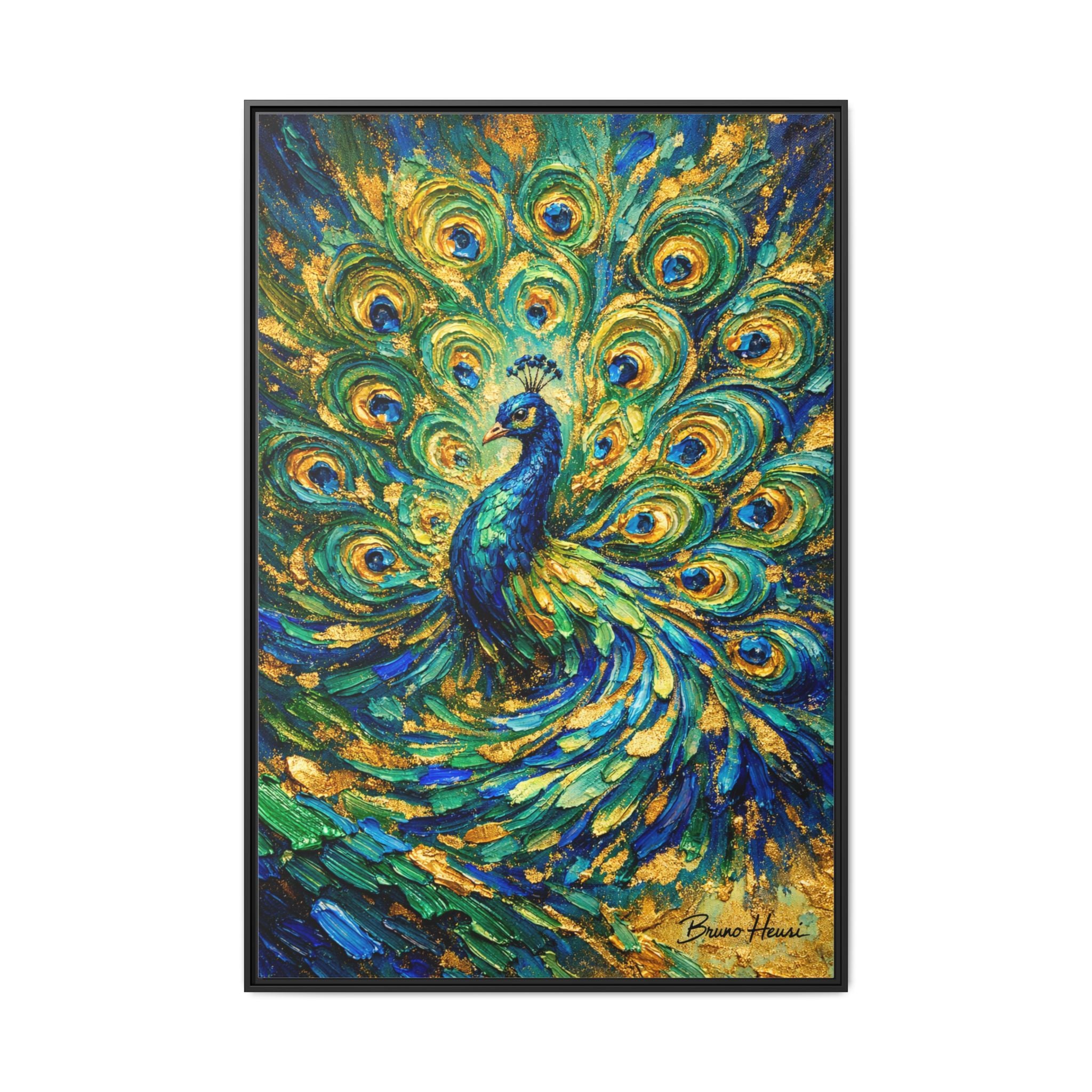 Peacock Oil-Style Framed Canvas Wall Art — Vibrant Blue & Gold Peacock Painting