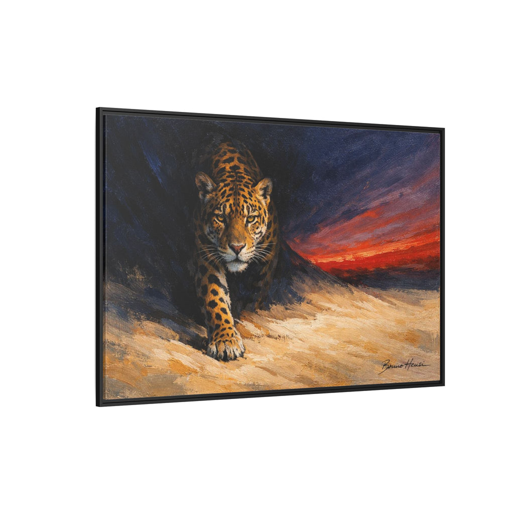 Framed Jaguar Canvas Art – Majestic Big Cat Painting with Sunset Sky