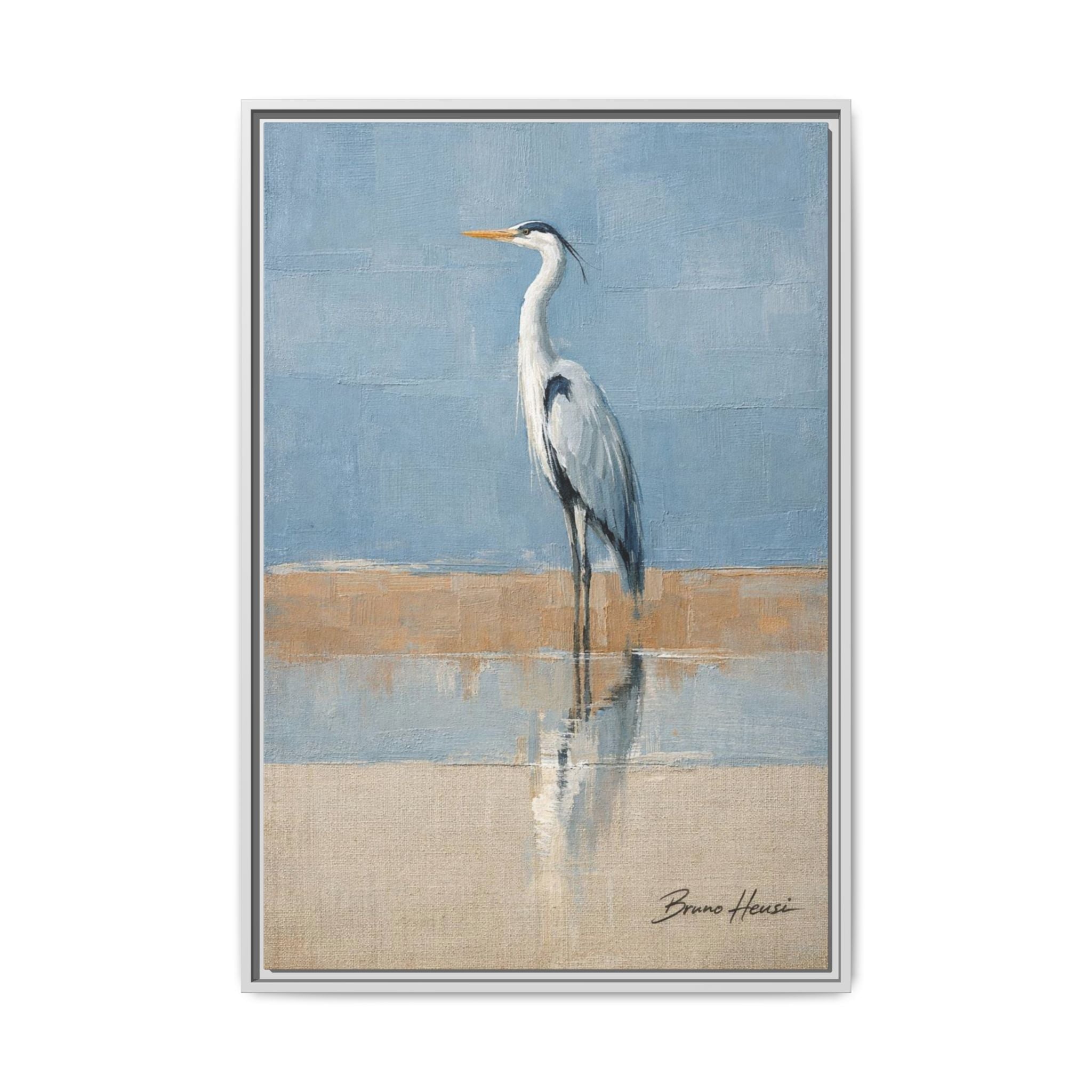 Framed Heron Canvas Art – Coastal Shorebird Wall Decor
