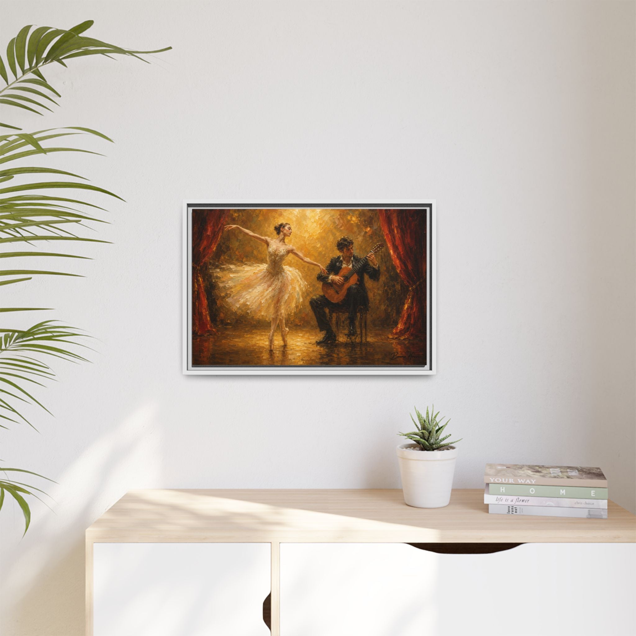Ballet Dancer & Guitarist Framed Canvas Wall Art — Oil-Style Performance Print