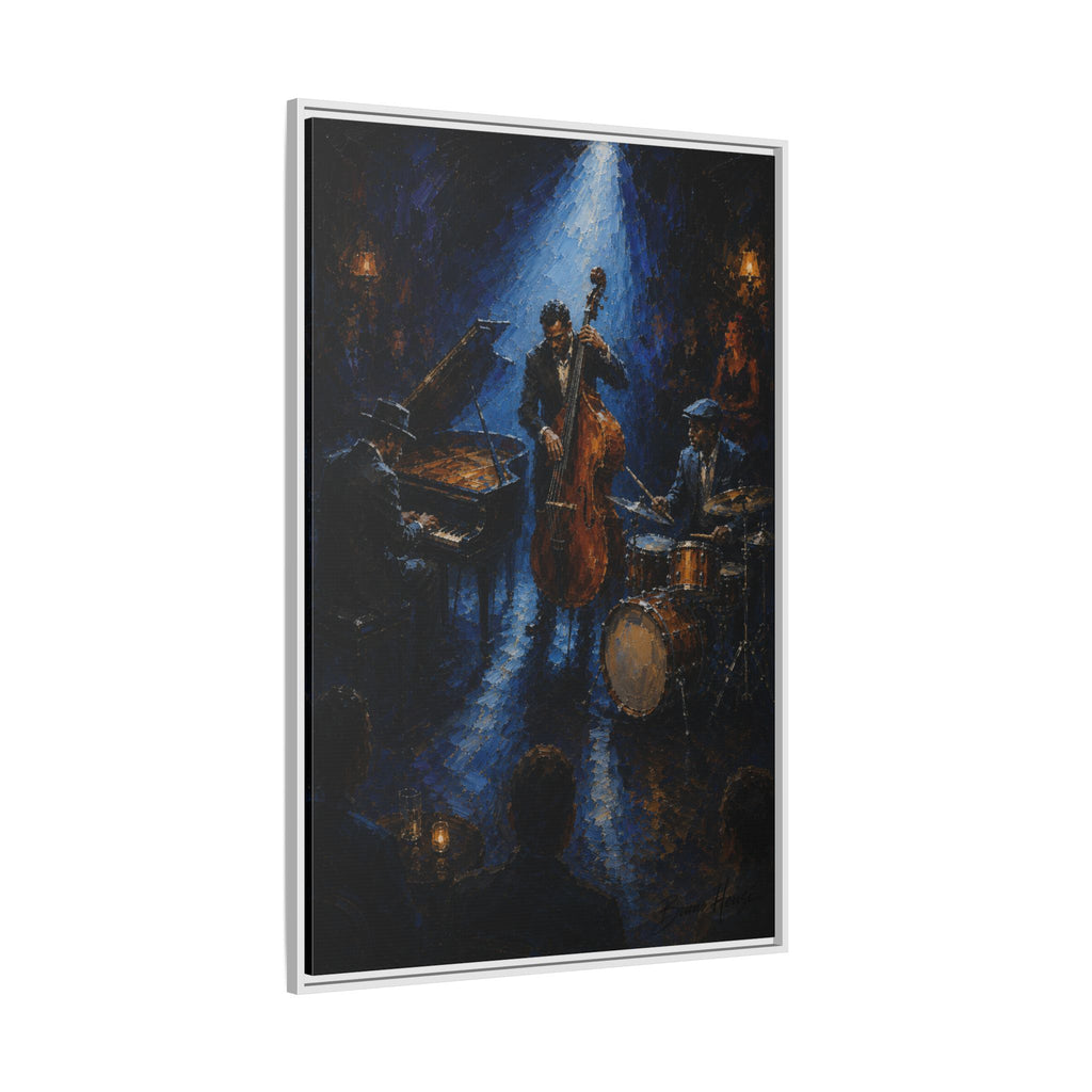 Framed Jazz Quartet Canvas Wall Art – Moody Blue Music Scene