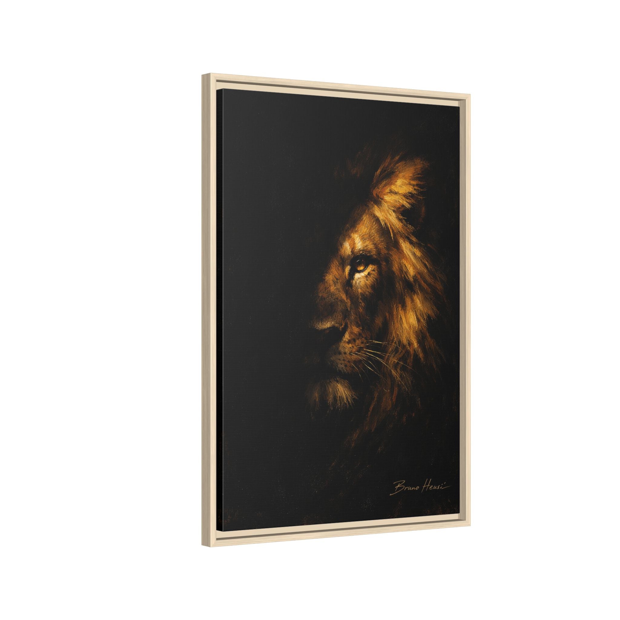 Majestic Lion Portrait Framed Canvas Wall Art — Golden Mane on Black Matte Print