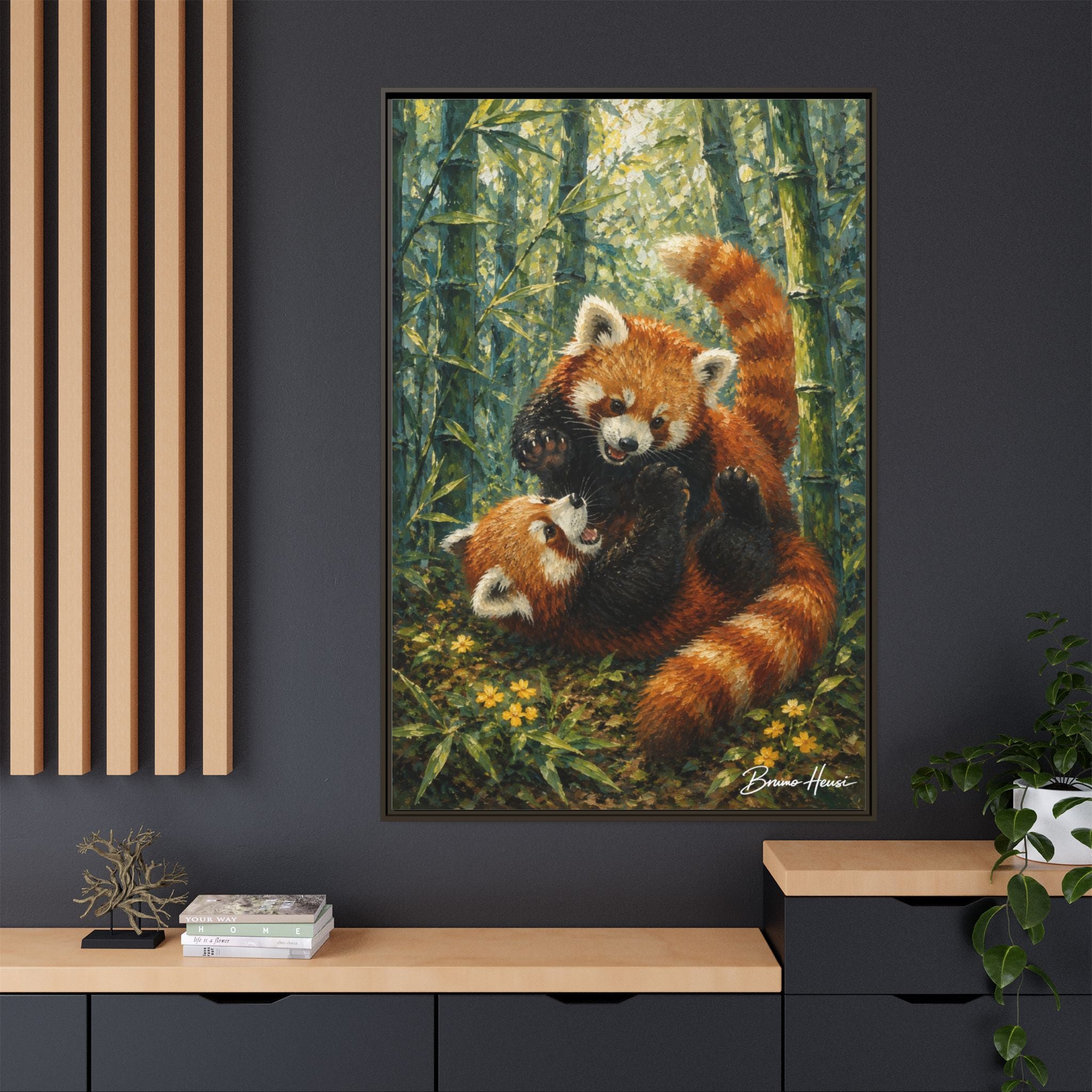 Red Panda Playtime Framed Canvas Wall Art — Playful Wildlife Print