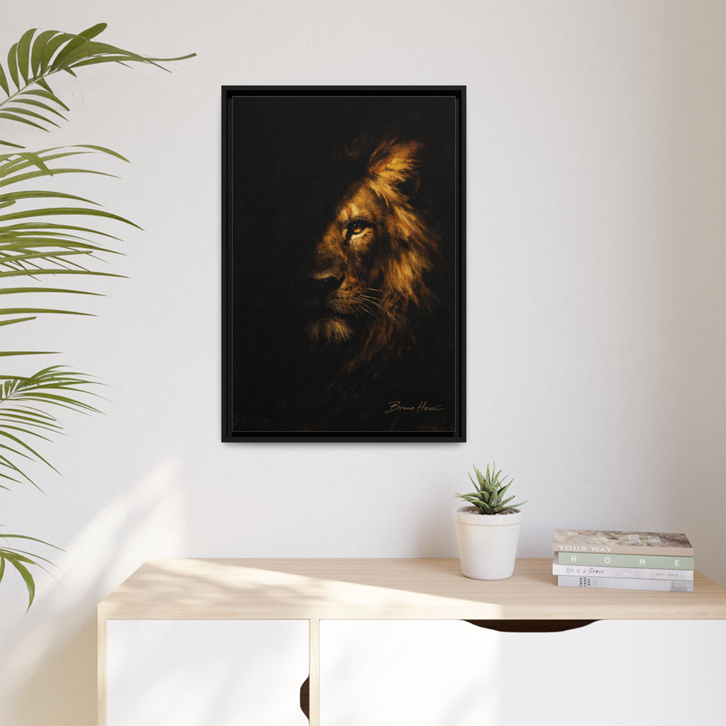 Majestic Lion Portrait Framed Canvas Wall Art — Golden Mane on Black Matte Print