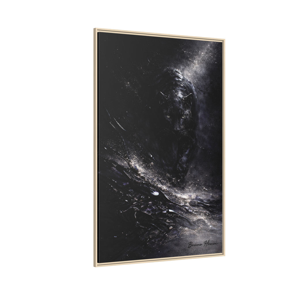 Cosmic Black Panther Matte Framed Canvas – Dark Abstract Wildlife Wall Art