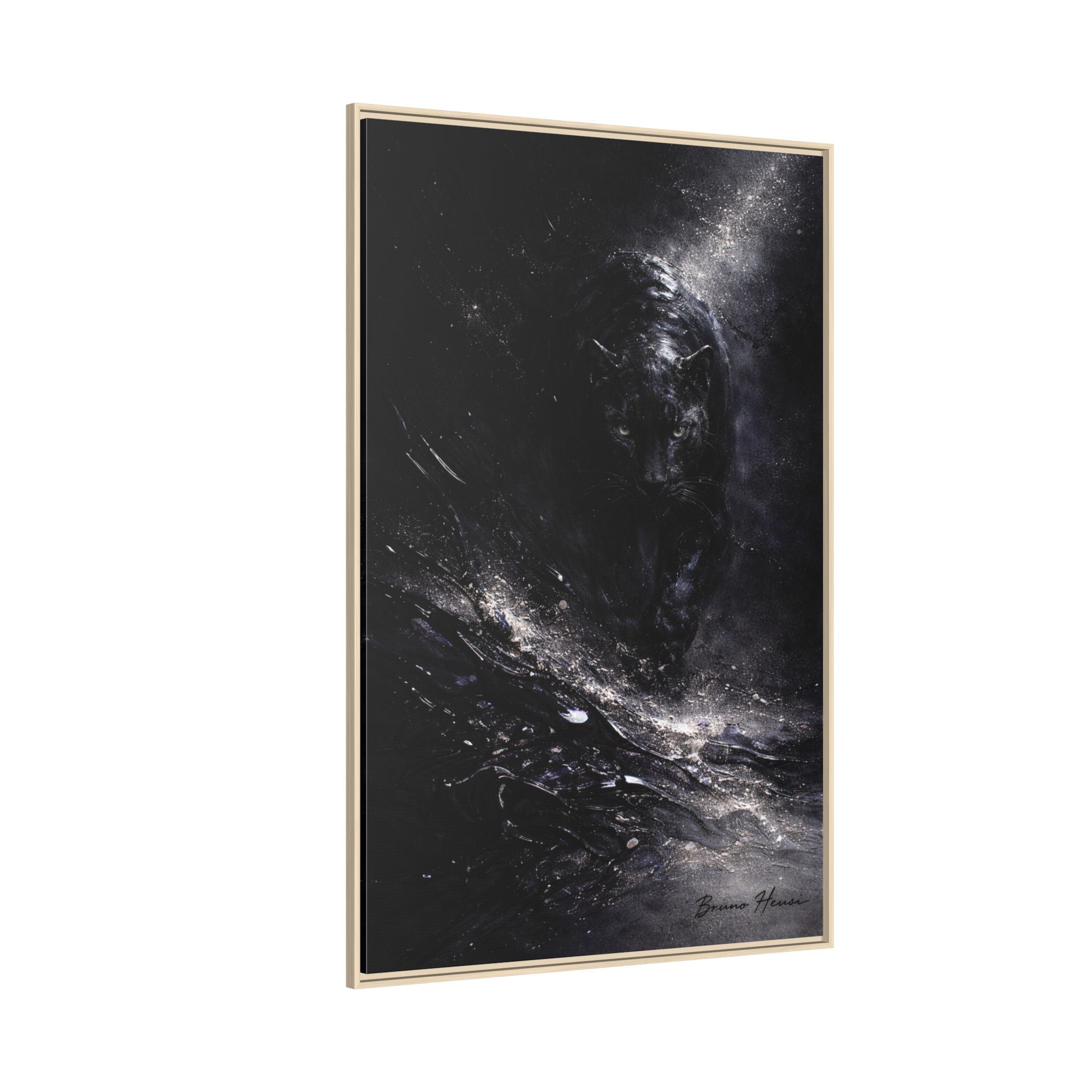 Cosmic Black Panther Matte Framed Canvas – Dark Abstract Wildlife Wall Art