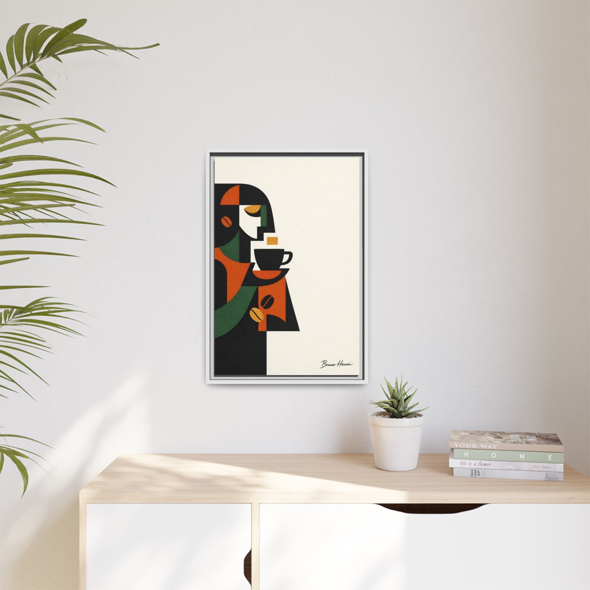 Abstract Coffee Drinker Framed Canvas Print — Modern Café Wall Art