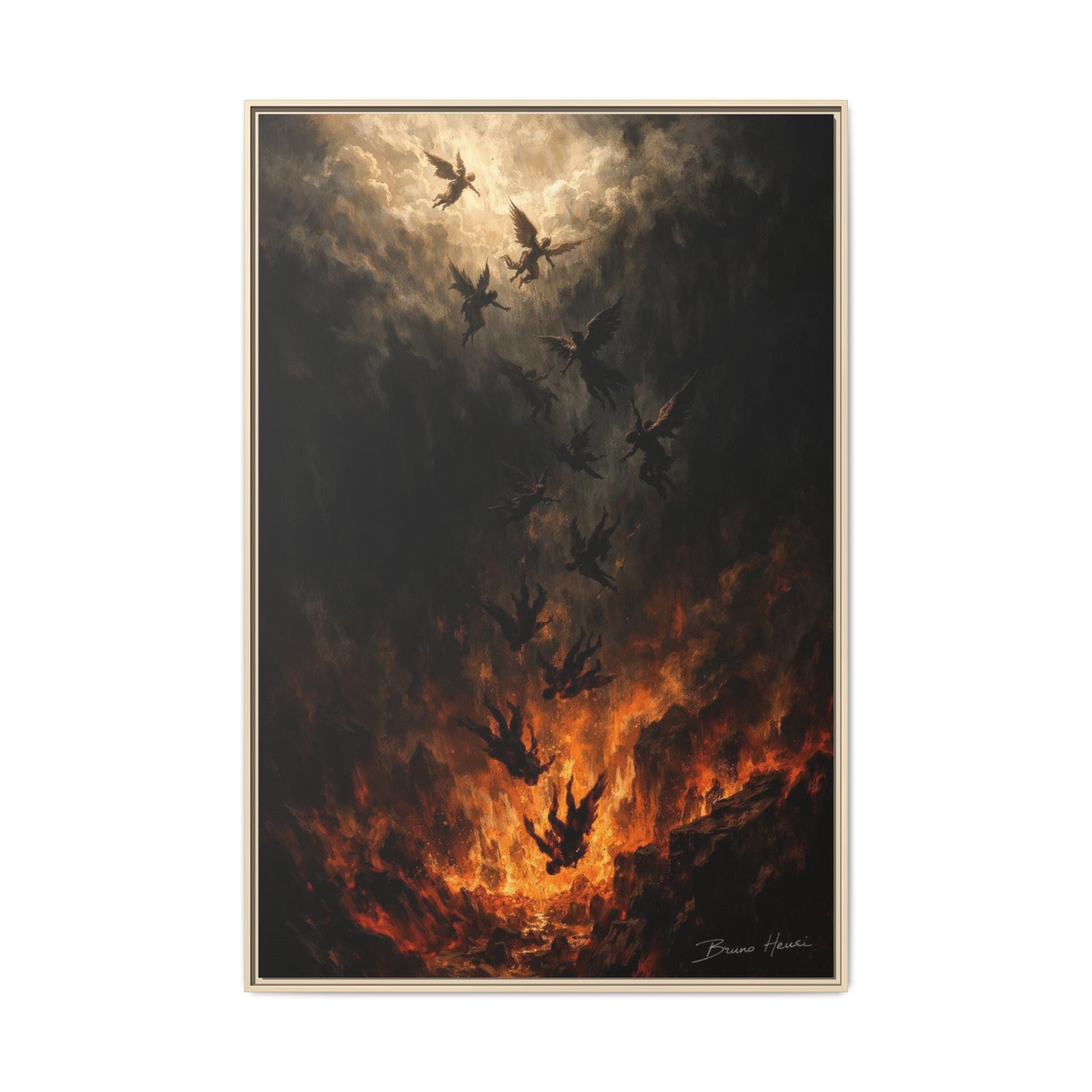 Falling Angels Matte Framed Canvas Print — Dark Fantasy Wall Art