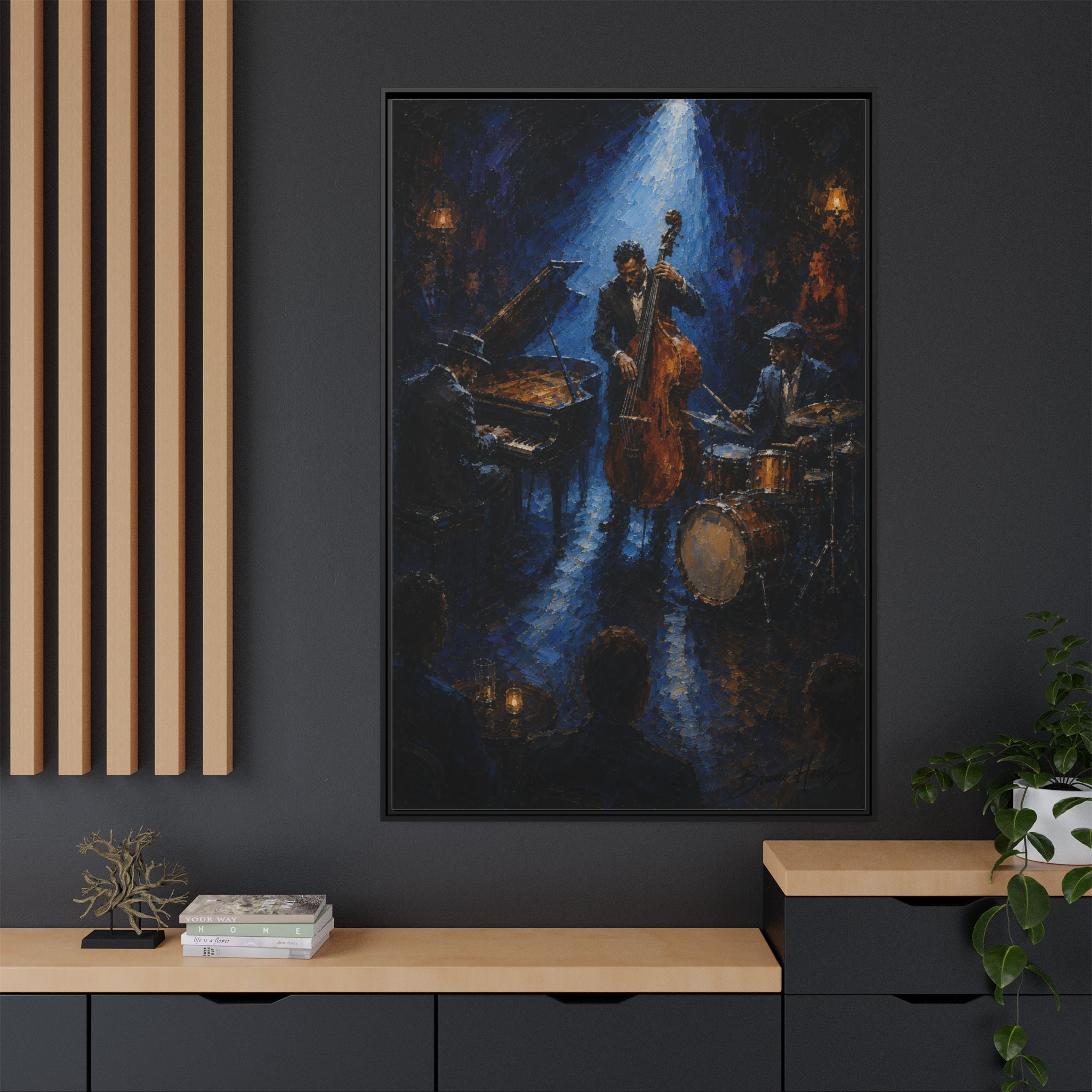 Framed Jazz Quartet Canvas Wall Art – Moody Blue Music Scene