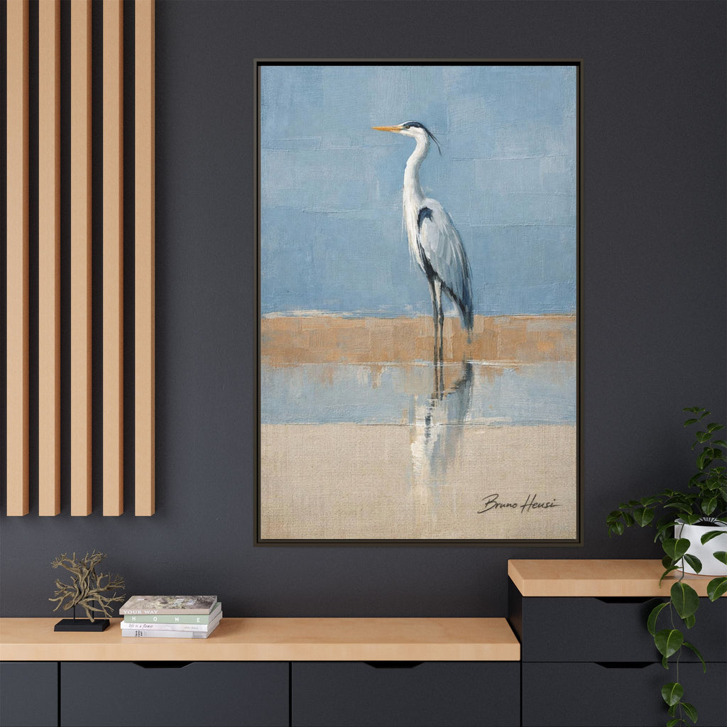 Framed Heron Canvas Art – Coastal Shorebird Wall Decor