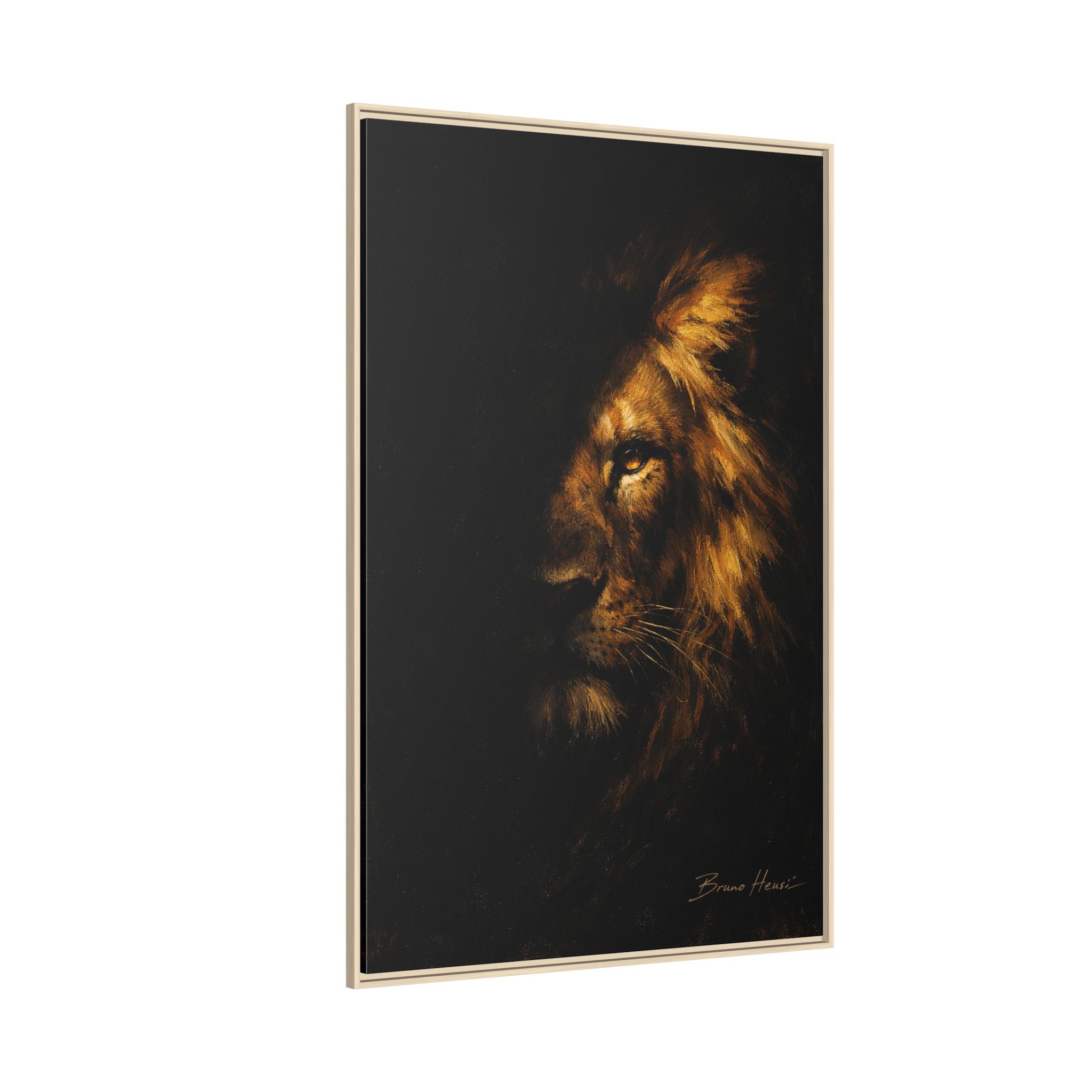 Majestic Lion Portrait Framed Canvas Wall Art — Golden Mane on Black Matte Print