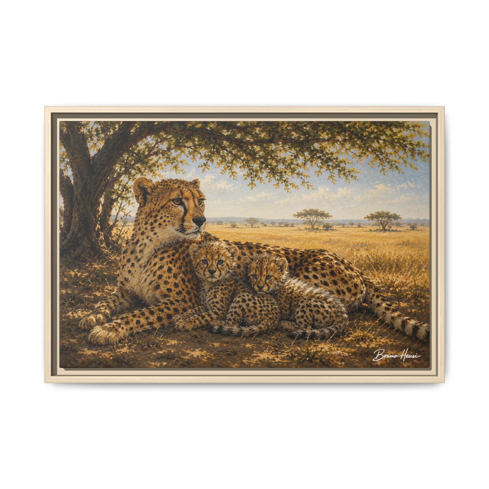 Cheetah Mother & Cubs Framed Canvas Wall Art – African Wildlife Safari Print