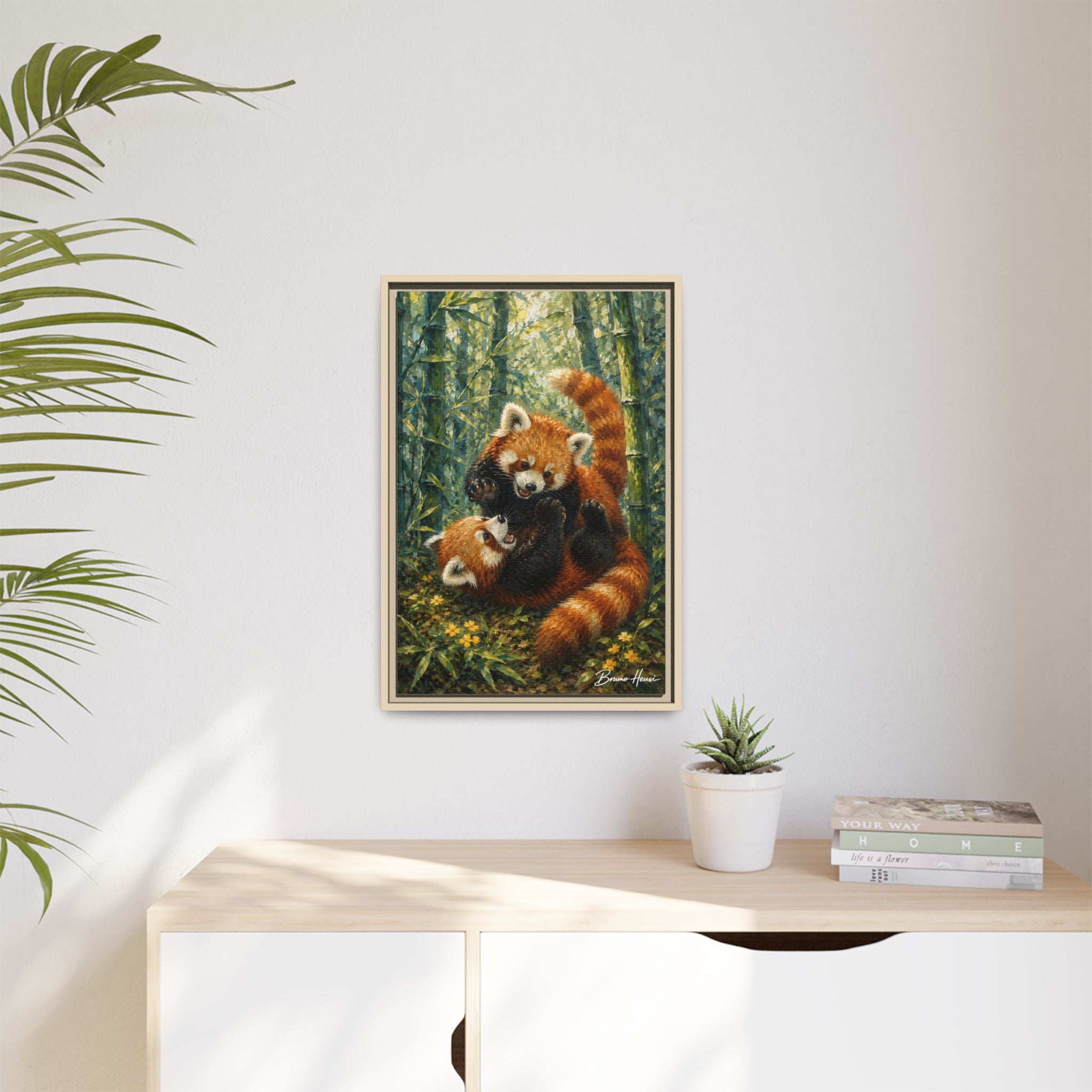 Red Panda Playtime Framed Canvas Wall Art — Playful Wildlife Print