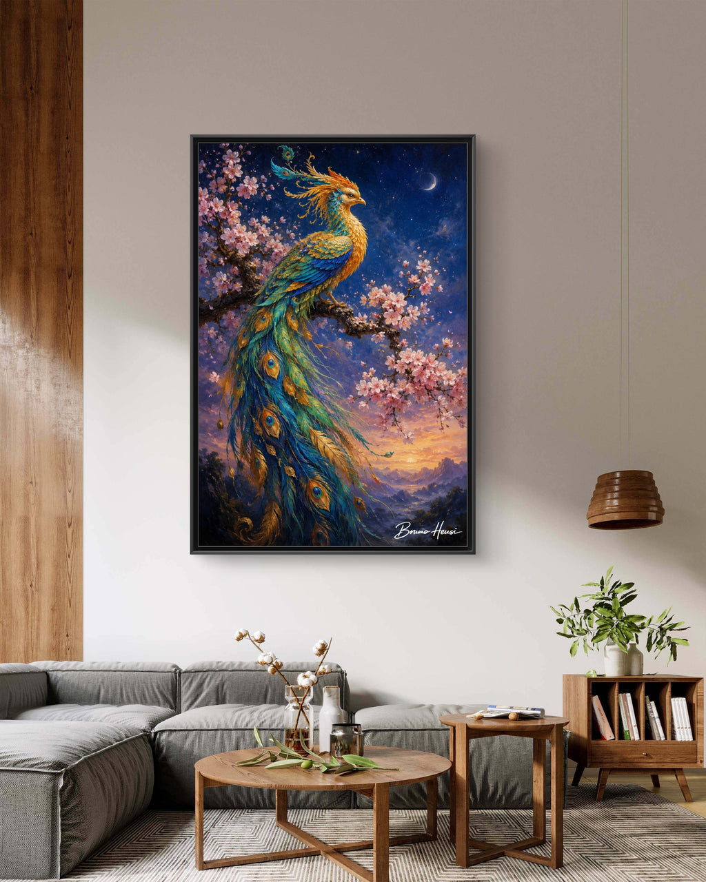 Framed Peacock Canvas Wall Art — Vibrant Fantasy Bird Print