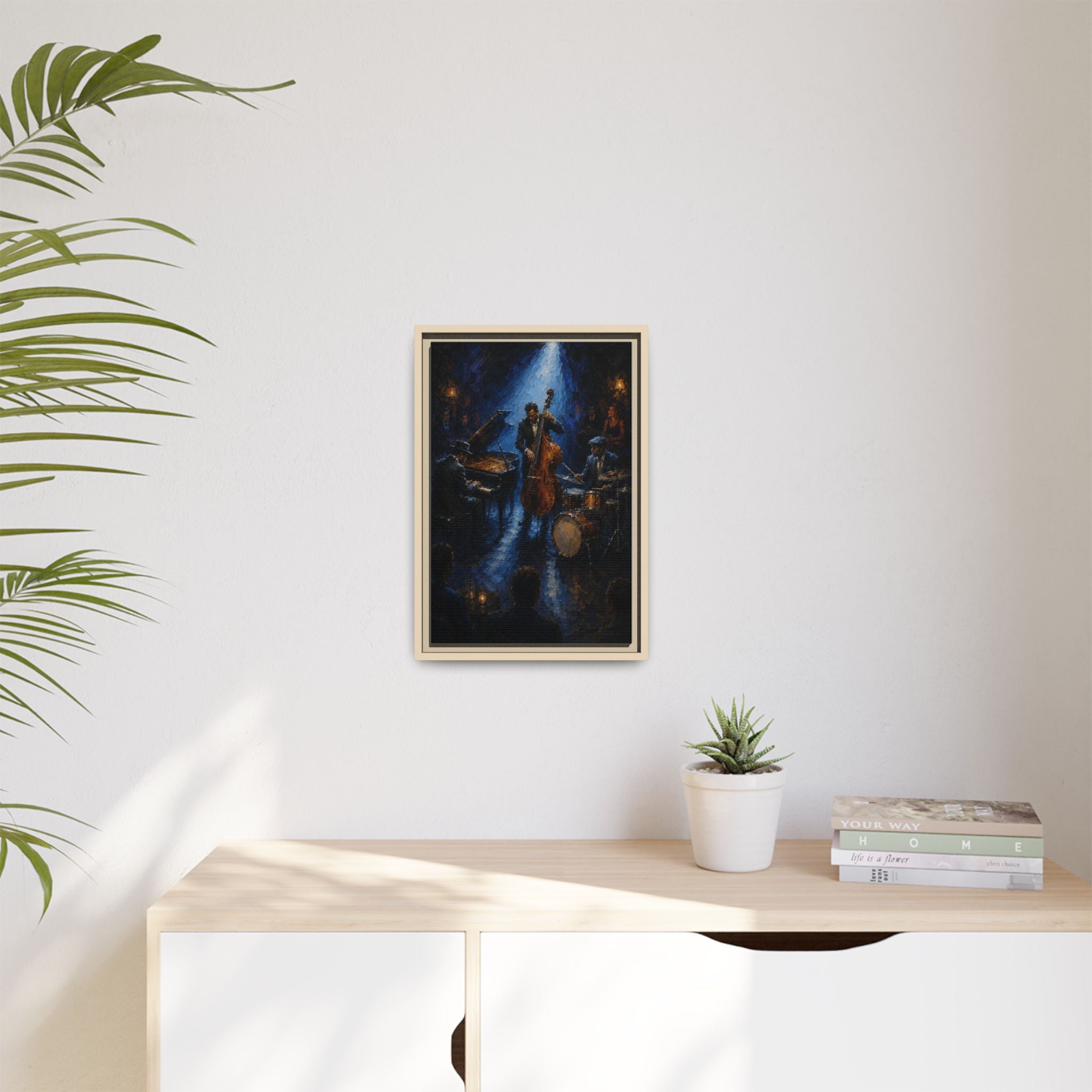Framed Jazz Quartet Canvas Wall Art – Moody Blue Music Scene