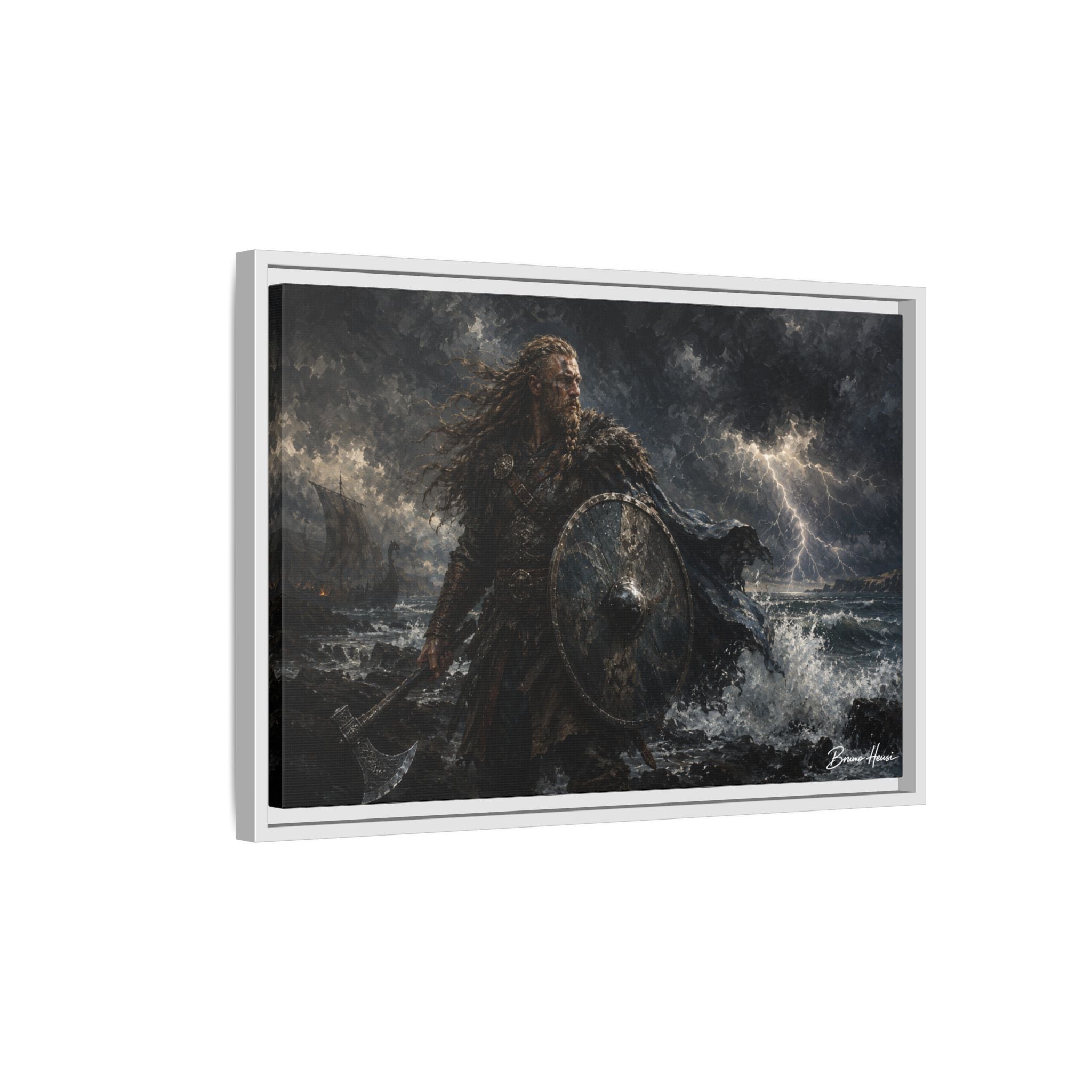Viking Warrior Matte Framed Canvas Print — Stormy Norse Shield and Axe Wall Art