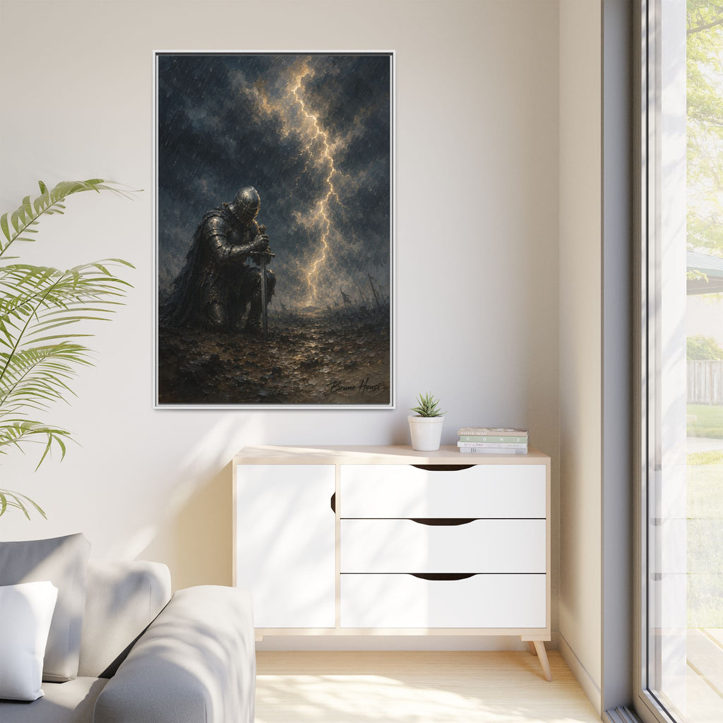 Knight in Thunderstorm Matte Framed Canvas — Dark Fantasy Wall Art