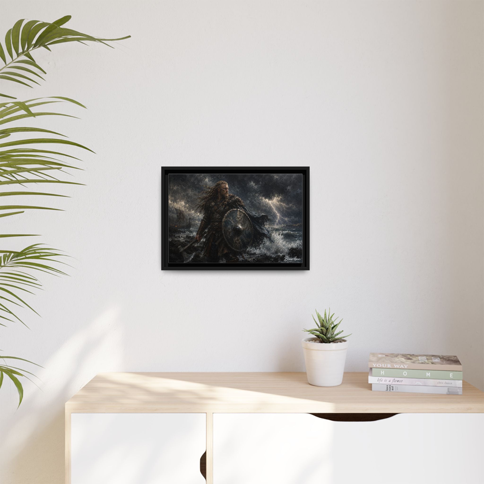 Viking Warrior Matte Framed Canvas Print — Stormy Norse Shield and Axe Wall Art